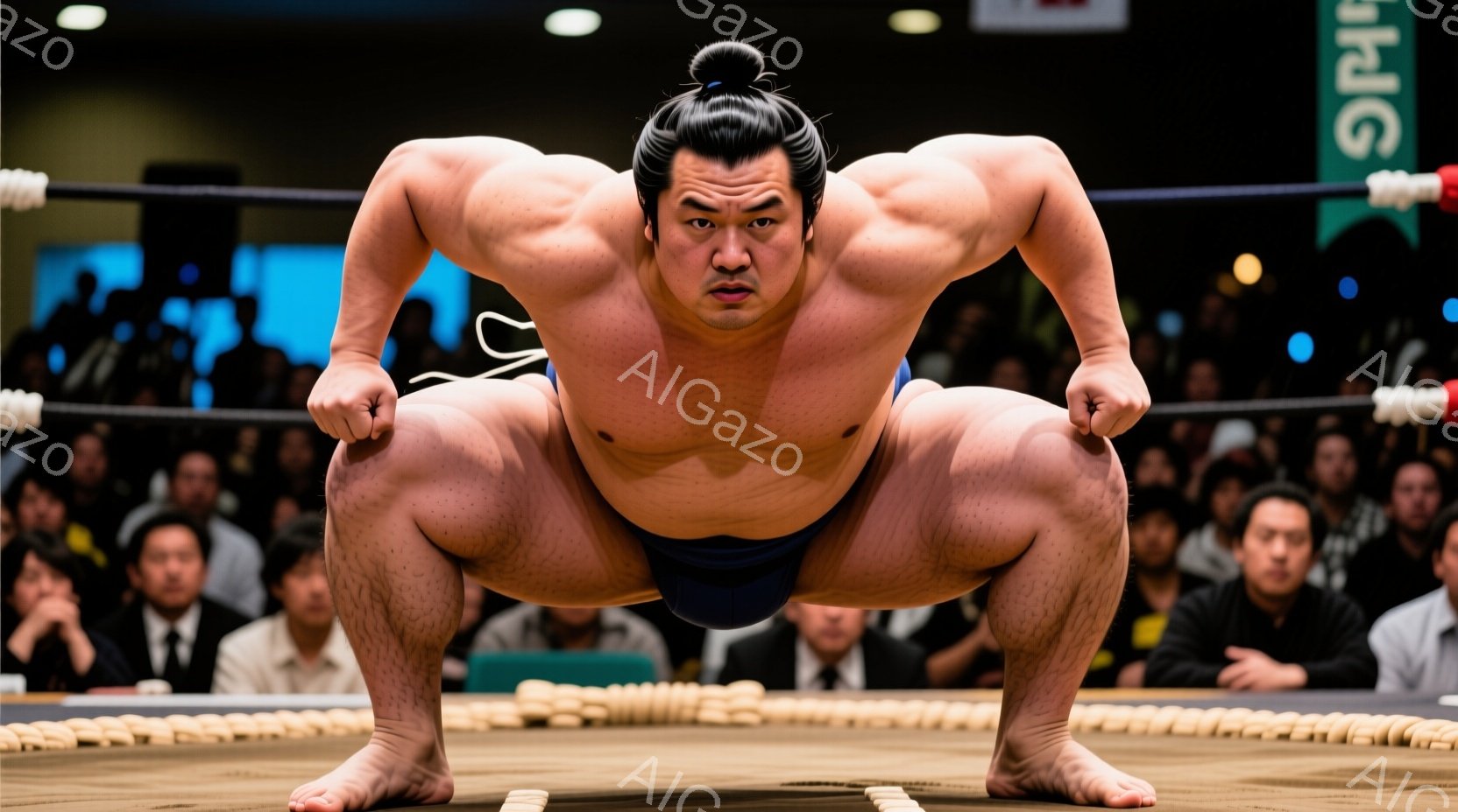 力士が土俵の上で低い構えを取っている。彼は締め込みと呼ばれる伝統的な下着を着用し、頭髪を丁髷（ちょんmage）に結っている。背景には観客席が見え、試合の熱気を感じさせる。