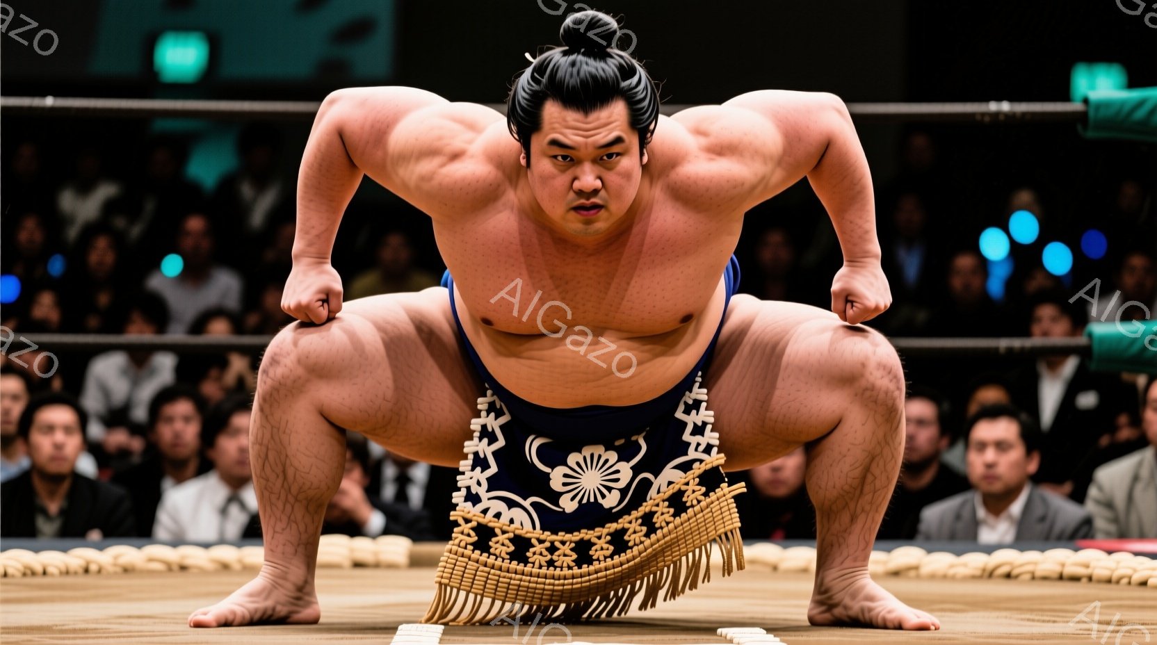 Đồng sumo力士が土俵上で、両手を広げ、構えをとっています。まわしは紺色で、白い模様が描かれており、足元には俵の藁が広がっています。観客席には多くの人が座っており、緊迫感と期待感のある雰囲気です。