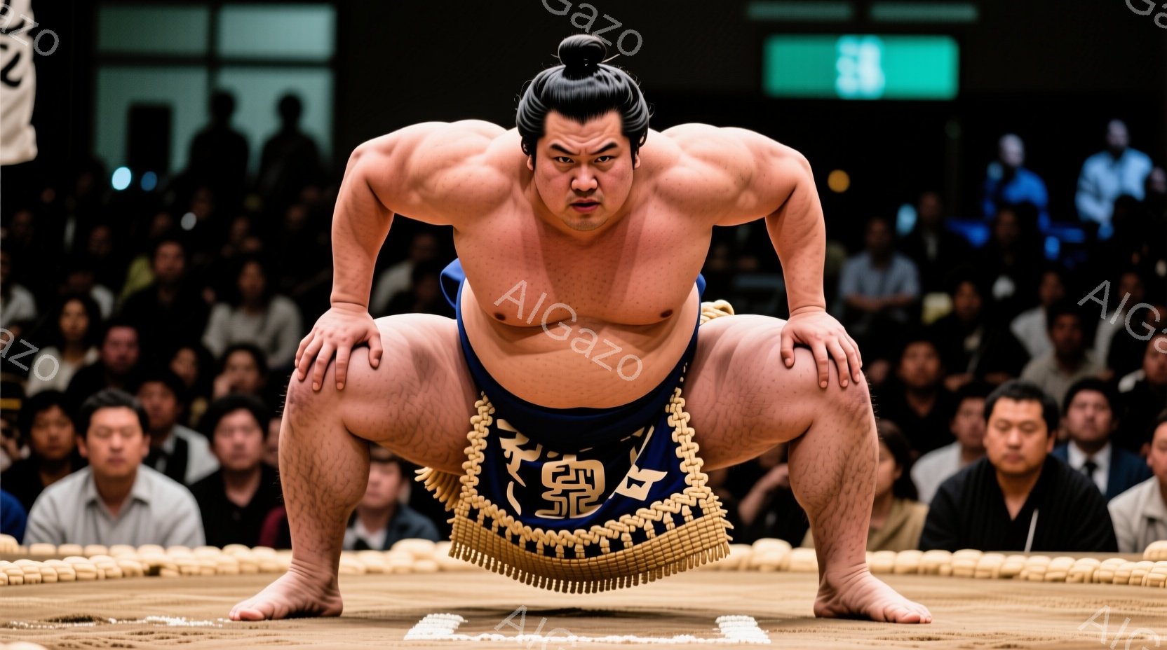 力士が土俵上で構えをとっています。彼はまわしと呼ばれる伝統的なベルトを締め、頭髪は丁髷（ちょんmage）に結い上げられています。土俵の周りには観客が座っており、緊張感と興奮に満ちた雰囲気です。