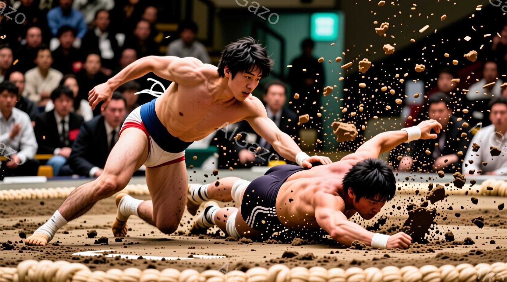 力士たちが土俵の上で激しい攻防を繰り広げており、一人が攻撃姿勢で突進し、もう一人は防御のために身をかがめて土俵に倒れ込もうとしている様子が描かれている。彼らは白い締め込みと靴下を着用し、力強い筋肉と真剣な表情を浮かべている。背景には観客席が見え、試合の熱気を高めている。