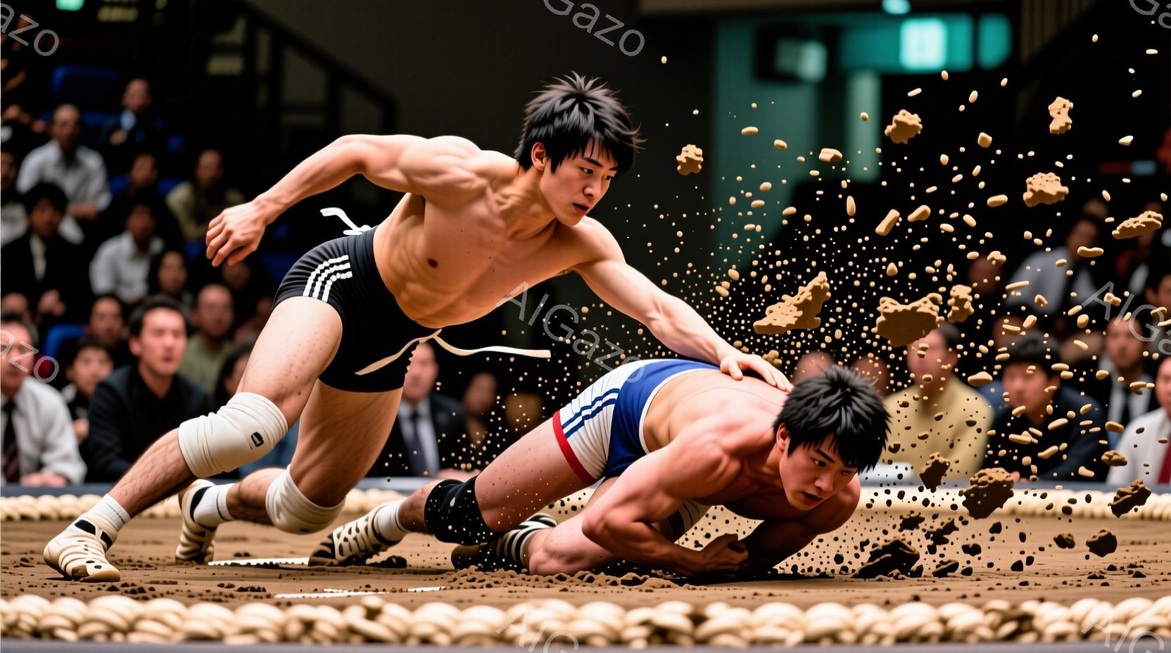 相撲取りが土俵上で激しい攻防を繰り広げています。一人は紺色の廻し、もう一人は黒い廻しと膝当てを着用し、土埃が舞う中で、片方が相手の背中にしがみつき、倒そうとしています。背景には観客席が見え、競技場の照明が明るく照らしています。