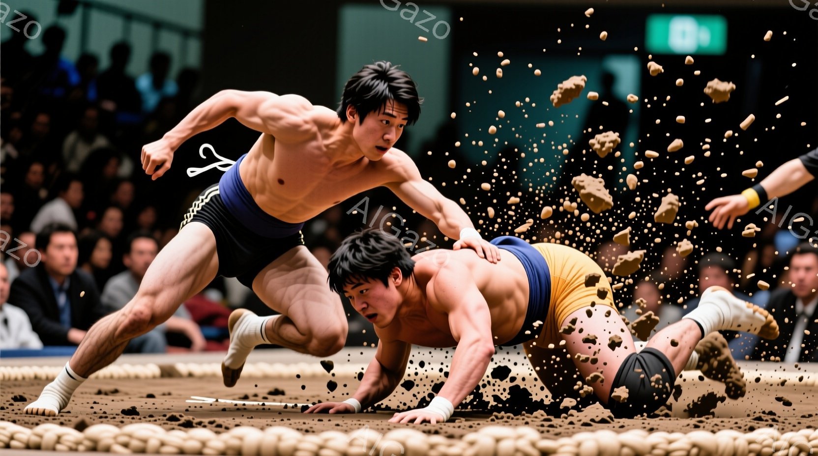 競技者は土俵上で激しい相撲の試合中です。片方の選手は青色のまわしを着て、もう片方の選手は黄色のまわしを着ており、両者とも力強く組み合い、一方が倒れようとしています。土俵の周りには観客がおり、試合は熱狂的な雰囲気の中で行われています。