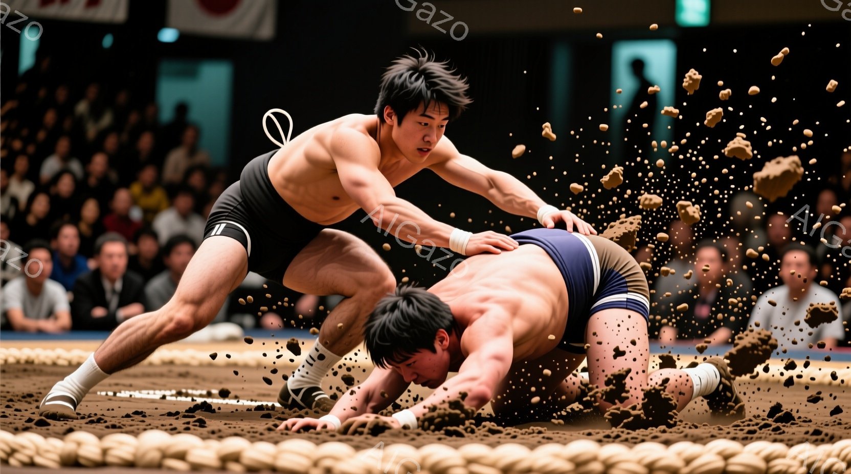 覆面をつけない力士二人が土俵上で激しく組み合っている様子が写っている。一人は相手の体を抱え込み、もう一人は倒れ込み、土が舞い上がっている。背景には観客席が見え、競技場の熱気が伝わってくる。