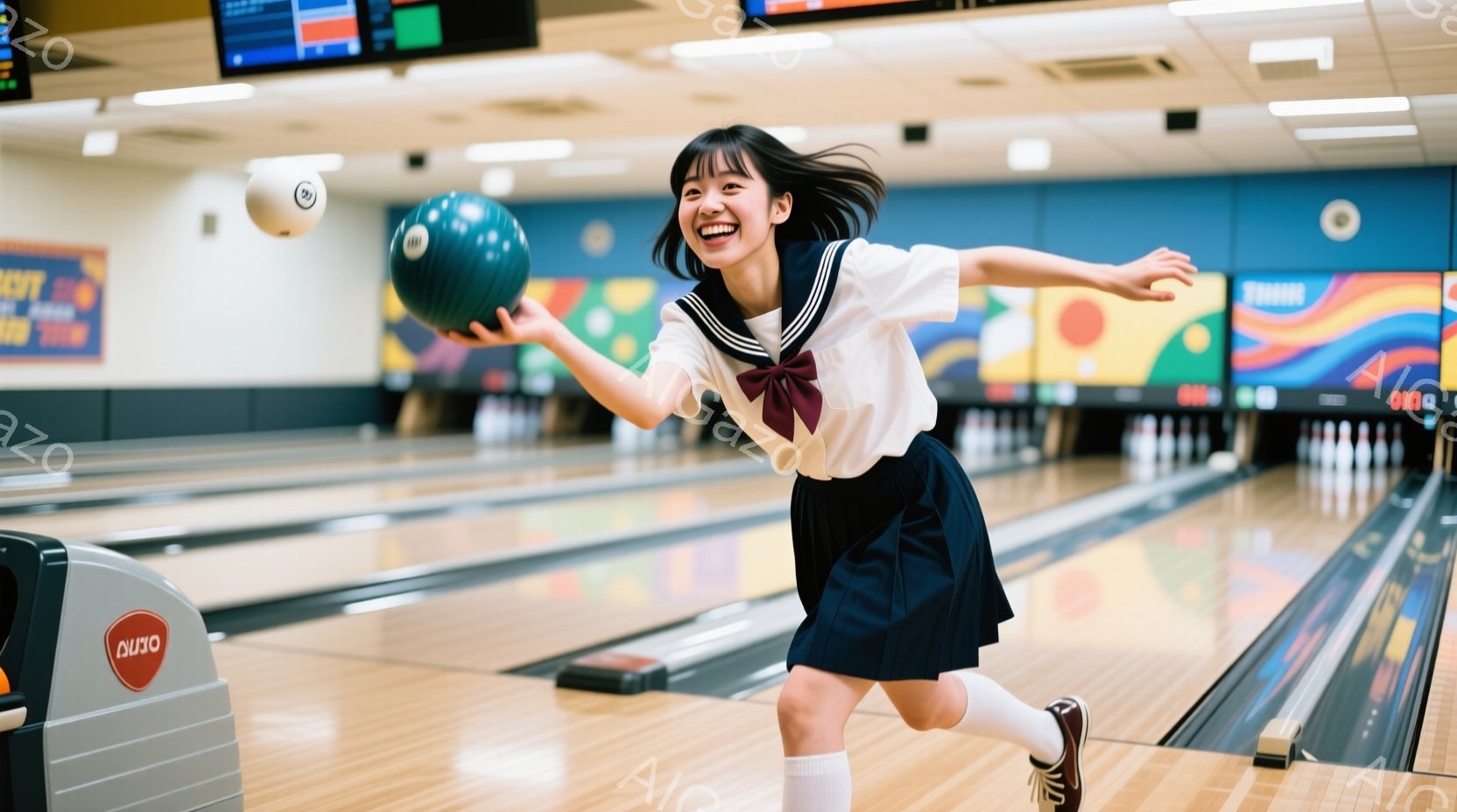 ボーリング場でボールを投げる制服姿の女子高生が写っています。彼女は紺色のスカートと白いブラウスに身を包み、髪を後ろで結んでいます。笑顔で力強くボールを投げている姿は、活気に満ちた雰囲気を醸し出していま - AI生成フリー素材
