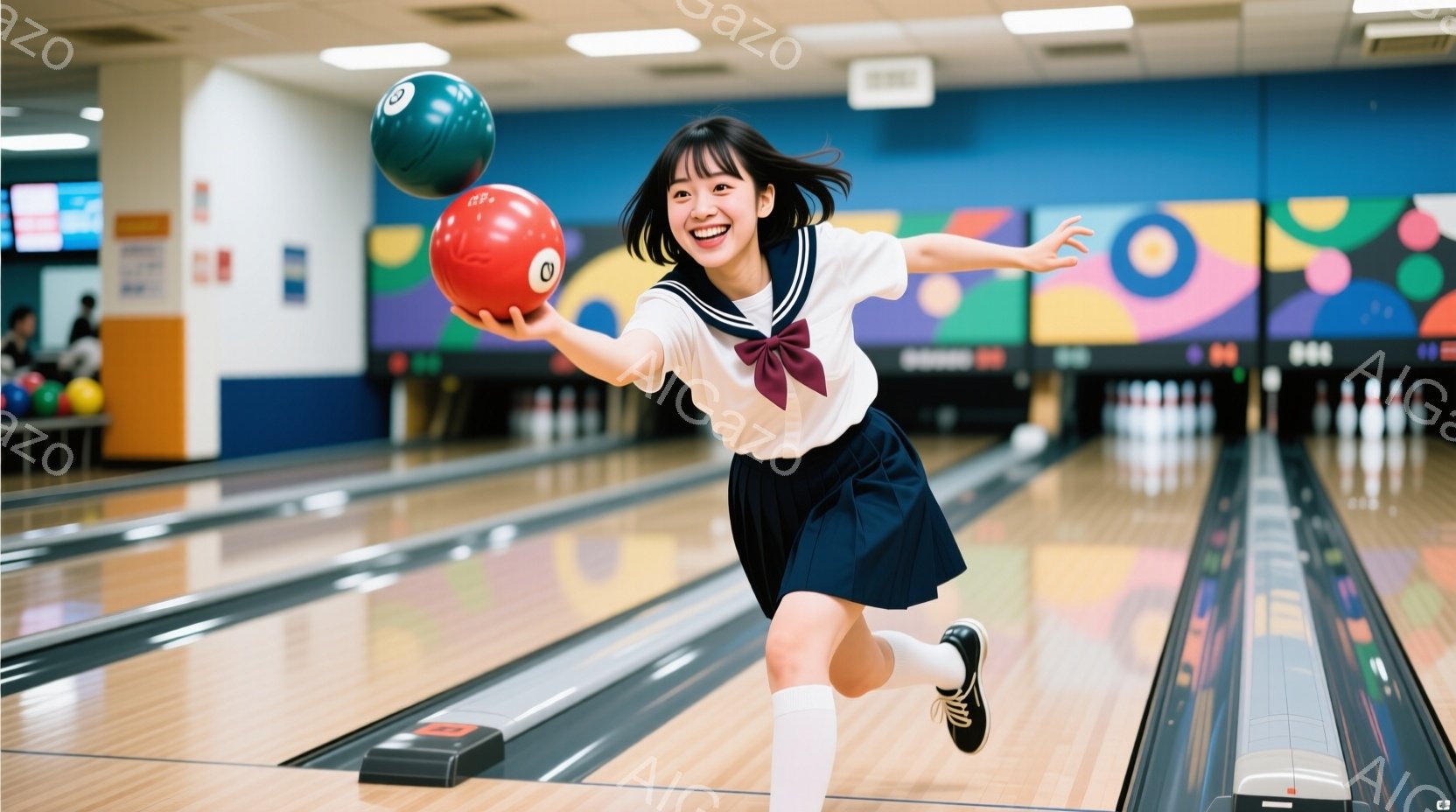 ボウリング場を舞台に、セーラー服姿の若い女性が勢いよくボウリングの球を投げている様子が写っている。彼女は明るい笑顔で、右手を前に突き出し、左足も前に踏み出して投げの姿勢をとっている。背景にはカラフルな模様が描かれた壁や、ボウリングのレーン、そして他のボールが並んでいるのが見える。