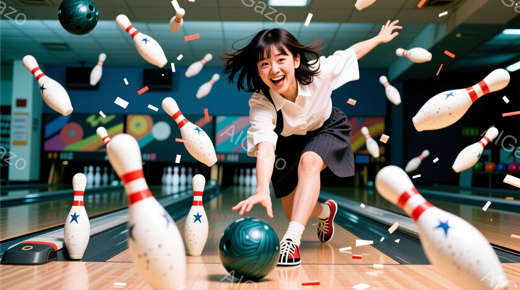 ボウリング場にいる若い女性が、ピンを倒した直後の勢いのある瞬間に捉えられています。彼女は白いシャツと黒いスカートを身につけ、髪を後ろで束ねています。笑顔で喜びを表しており、両腕を広げ、躍動感のあるポーズをとっています。