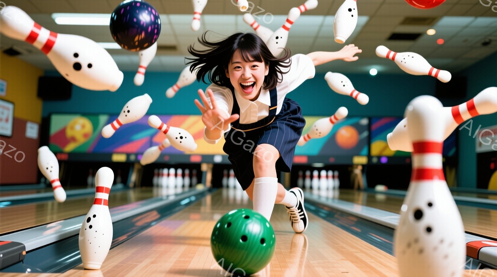 ボウリング場を舞台に、笑顔の女性がボウリングのピンが飛んでいる中に飛び込んでいる様子が写っている。彼女は紺色のスカートと白いシャツを着ており、髪はポニーテールにしている。背景にはボウリングレーンとカラフルな模様の壁があり、躍動感と興奮に満ちた雰囲気が伝わる。