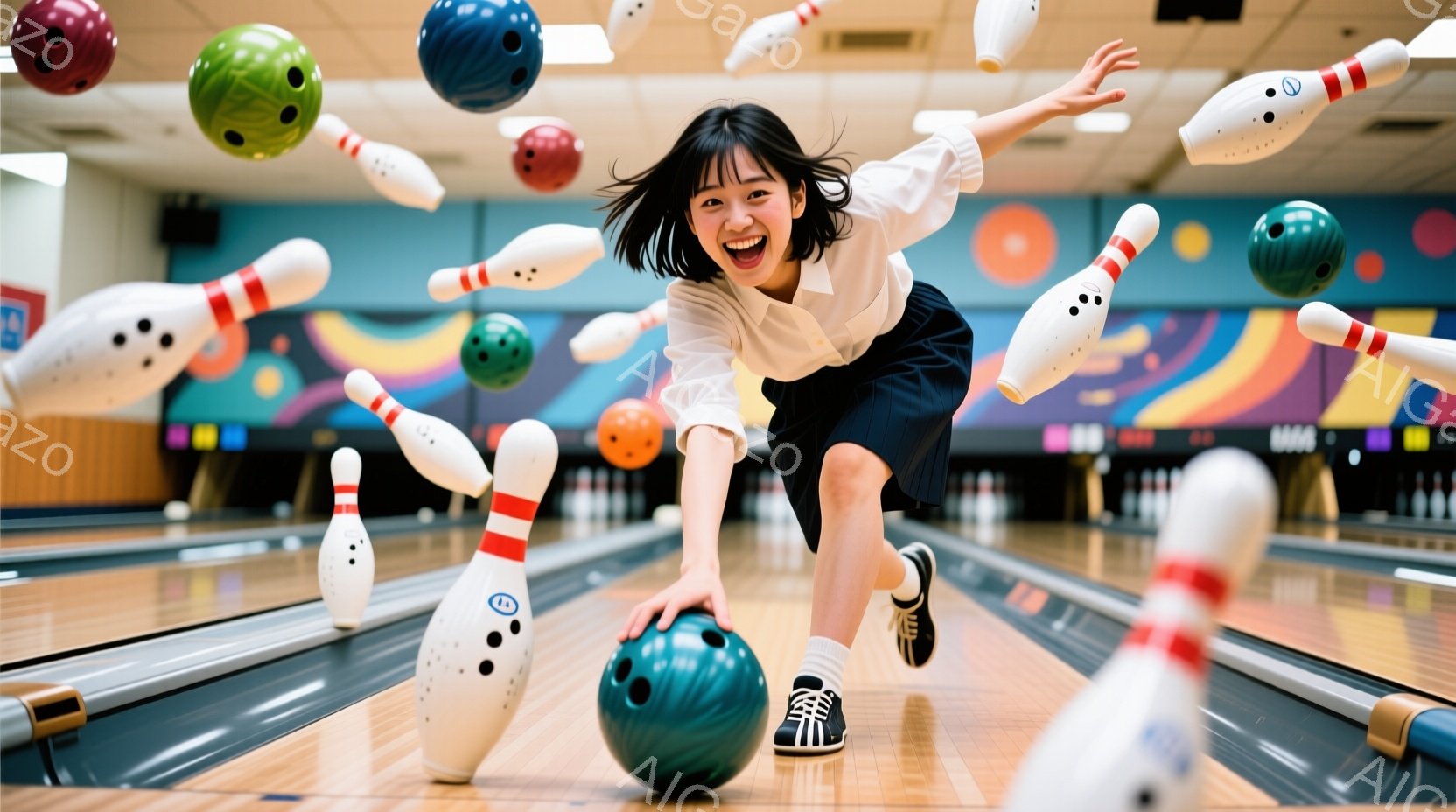 ボウリング場での女性の躍動的な瞬間を捉えています。彼女は黒いパンツと白いシャツを着ており、髪はハーフアップで、顔には笑顔が輝いています。ボウリングのボールとピンが宙に舞っており、活気にあふれた雰囲気です。