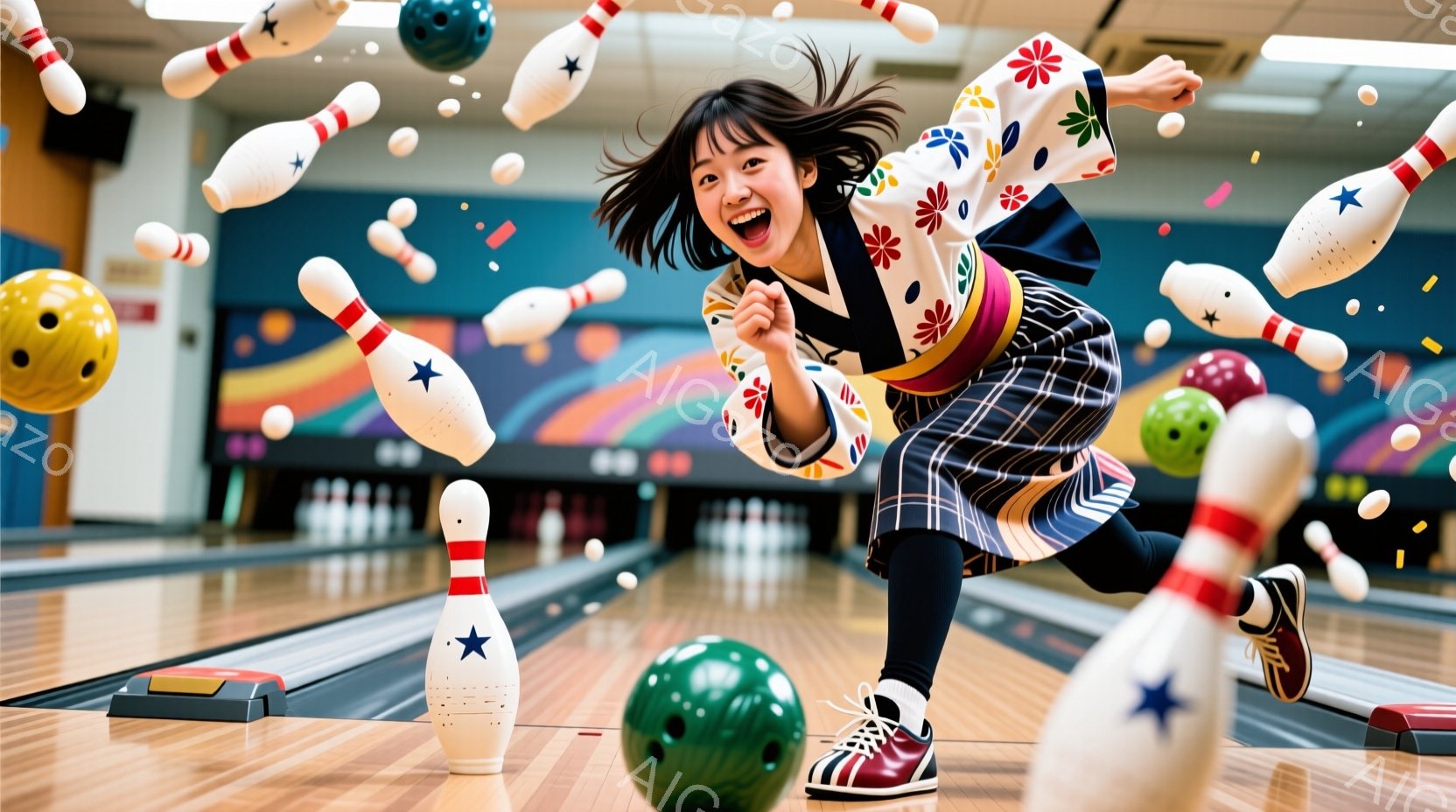 ボウリング場を背景に、鮮やかな色の着物を着た若い女性が写っています。彼女は髪を高く結い、満面の笑みを浮かべながら、ボウリングのピンとボールが宙を舞う中で、勝利のポーズをとっています。床は光沢のある木製で、明るくエネルギッシュな雰囲気が漂っています。