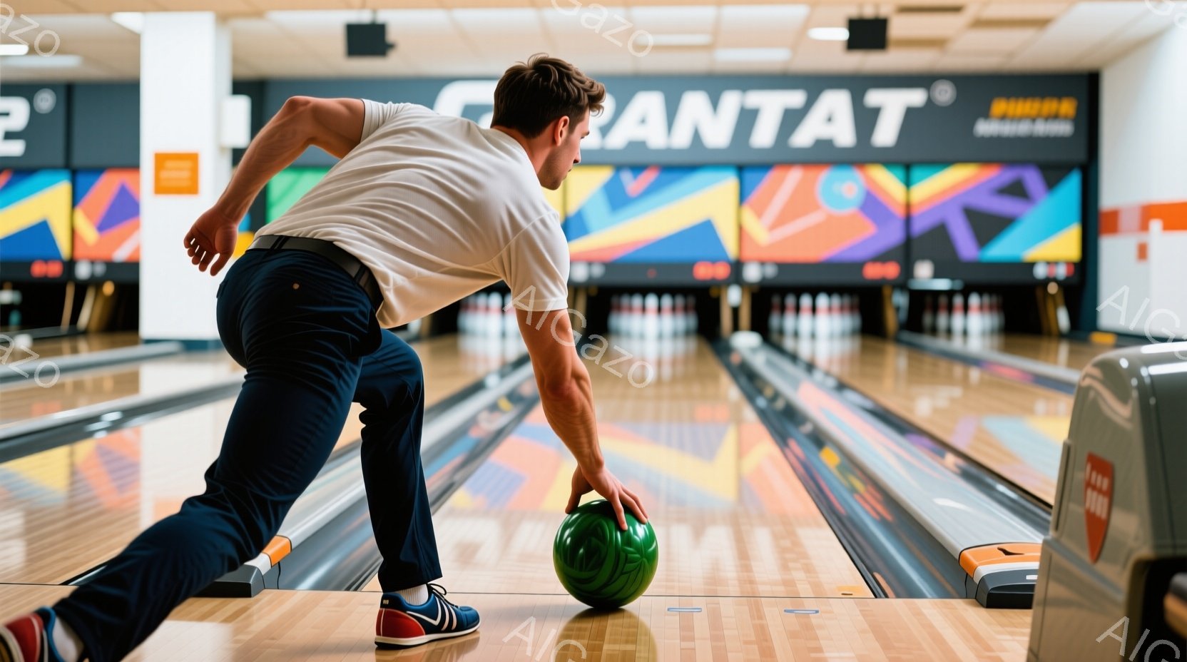 ボウリングのレーンで、男性がボウリングの球を投げる準備をしている様子が写っている。彼は白のTシャツに紺色のズボンを着用し、髪は短く整えられている。背景にはカラフルなライトとボウリングのピンが並び、活気のあるボウリング場の雰囲気が伝わってくる。