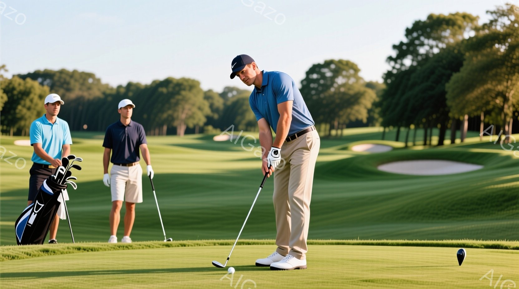 ゴルフコースで、一人の男性がパットをしている様子が写っています。彼は青いポロシャツにベージュのパンツ、白いゴルフシューズを履き、集中した表情でボールを見つめています。背景には、緑豊かなゴルフコースと、クラブバッグを持った別の男性がおり、晴天で穏やかな雰囲気が漂っています。