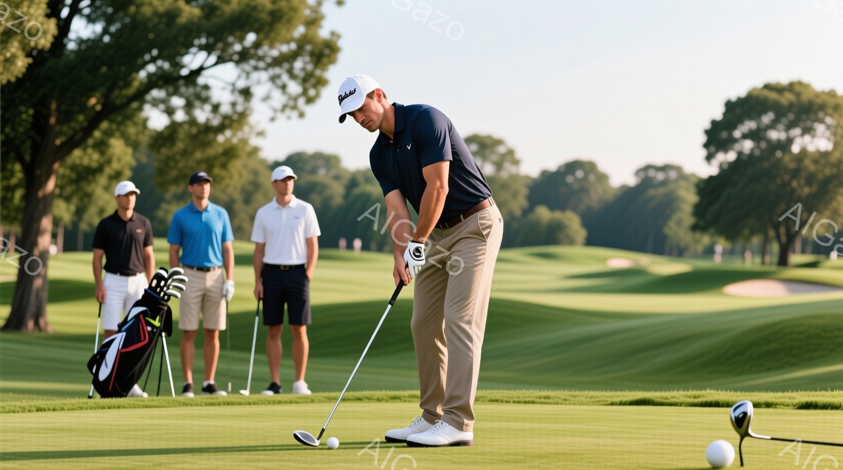 ゴルフコースでゴルフをする男性が写っています。彼は濃い青色のポロシャツにベージュ色のズボンを着用し、ゴルフスイングの最中にいます。背景には緑豊かな芝生と木々が広がり、晴れた日の穏やかな雰囲気です。