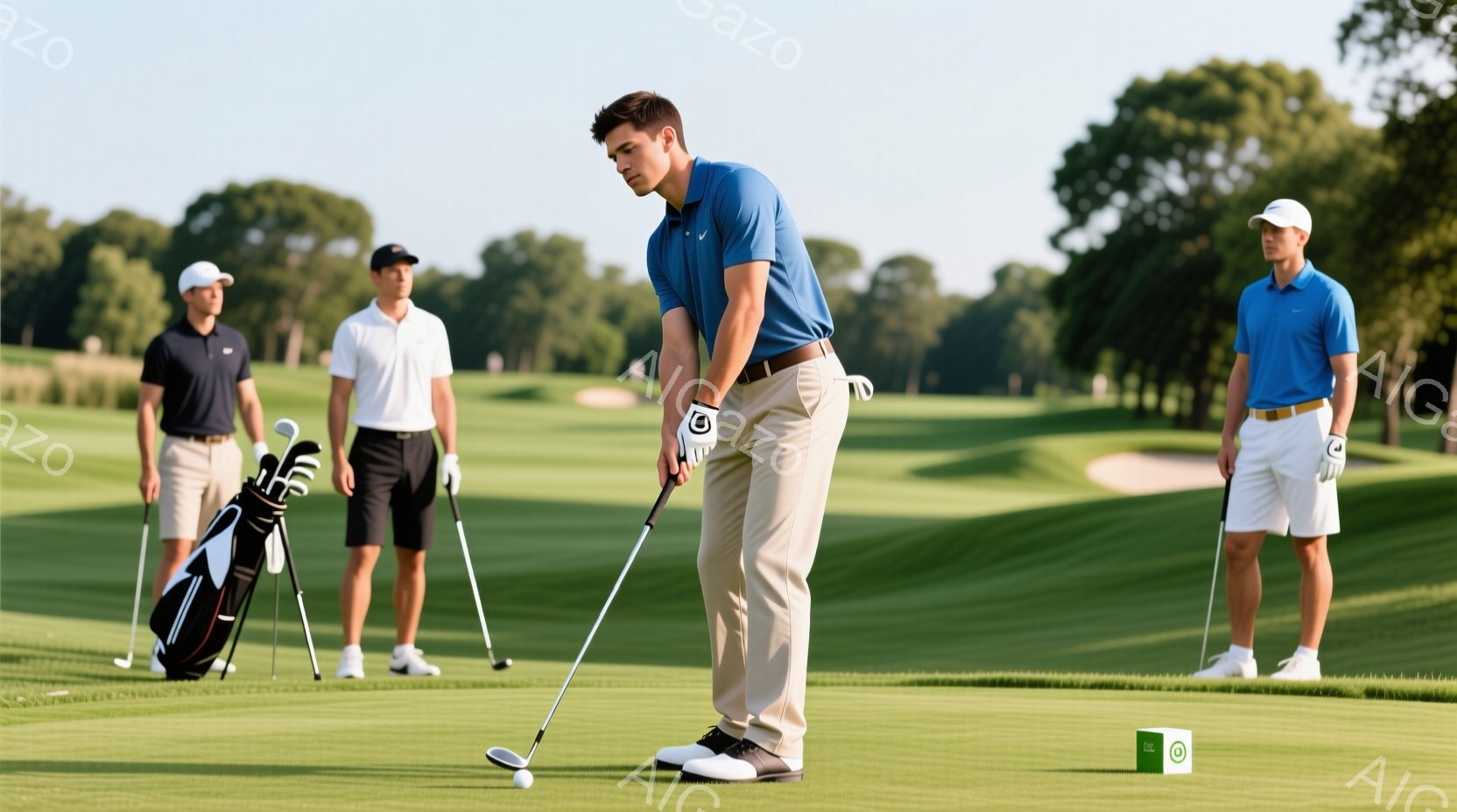 晴れた日のゴルフコースで、一人の男性がパットをしている写真です。彼は青いポロシャツとベージュのズボンを着用し、集中した表情でボールを見つめています。背景には他のゴルファーがおり、緑豊かな芝生と木々が生い茂る穏やかな雰囲気です。