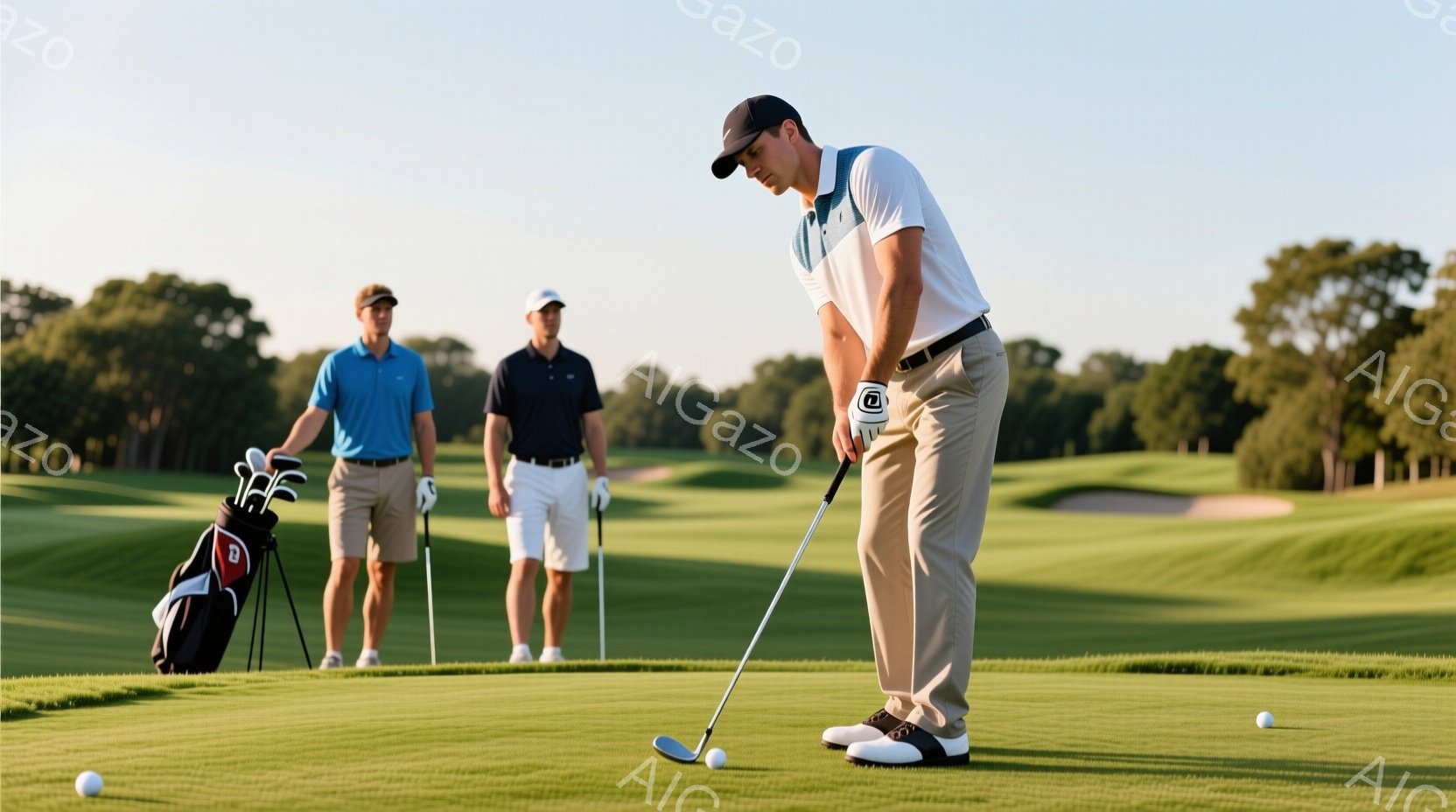 鮮やかな緑のゴルフコースで、一人の男性がゴルフのパットをしている様子が写っている。彼はポロシャツに短パン、ゴルフシューズを着用し、集中した表情でボールに向かっている。背景には、別のゴルファーが二人立っており、遠くには緑豊かな丘と青空が広がり、晴れた日のゴルフを楽しむ様子が伝わる。