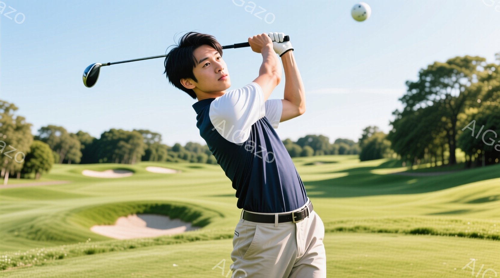 若い男性がゴルフスイングをしている様子が写っている。紺色のベストと白いシャツ、ベージュのパンツというゴルフウェアを着用し、黒いベルトを締めている。背景には緑豊かなゴルフコースが広がり、フェアウェイの起伏やバンカー、そして青空が広がっている。