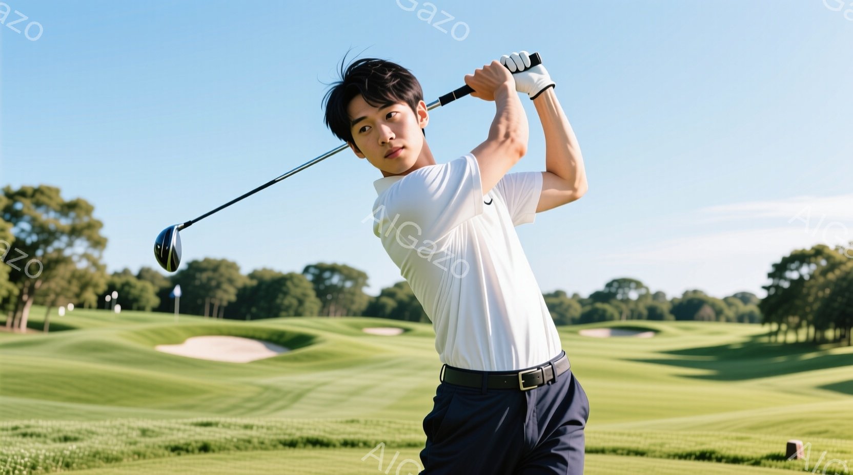 ゴルファーは白のポロシャツと紺色のズボンを着用し、ティーイングエリアでスイングを行っています。彼の髪型は短く、表情は集中力に満ちています。背景には緑豊かなゴルフコースが広がり、晴天の下、穏やかな雰囲気が漂っています。