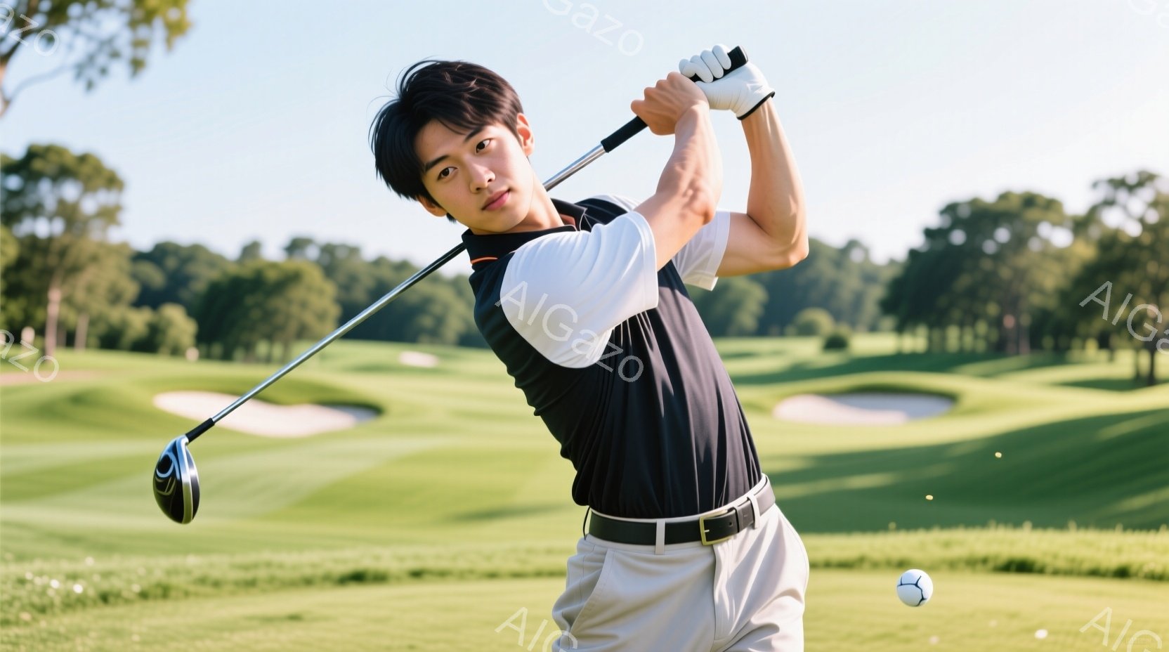 若い男性がゴルフスイングをしている写真です。彼は白のポロシャツに黒のベスト、ベージュ色のパンツを着用し、濃い髪を短く整えています。背景には緑豊かなゴルフコースが広がり、晴天の下、集中した表情でスイングに臨む姿が捉えられています。