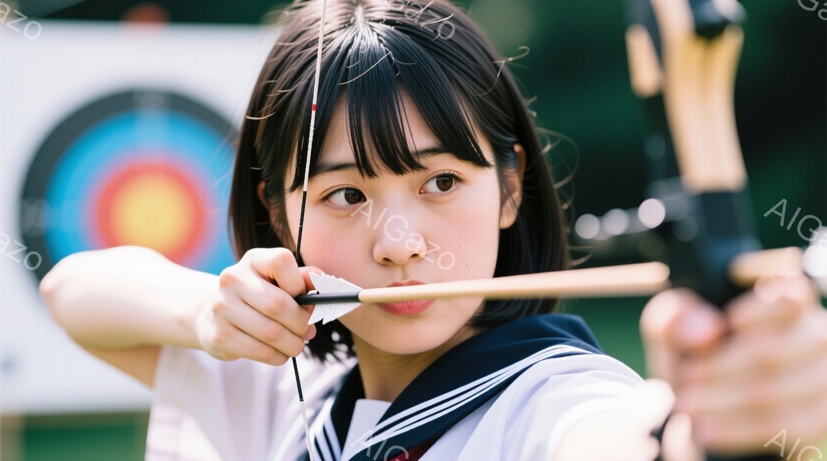 セーラー服を着た若い女性が弓矢の射撃をしている様子を捉えています。彼女は真剣な表情で標的に向かって矢を構え、集中した眼差しは射撃への強い意志を示しています。背景にはぼやけた緑があり、晴れた日の屋外での - AI生成フリー素材
