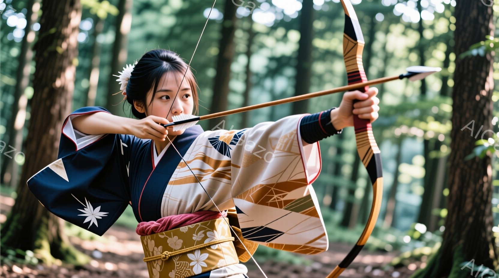 藍色とクリーム色の幾何学模様の着物を身につけた女性が、弓を構え、矢を放とうとしている姿が捉えられています。彼女は髪を高くまとめ、飾りを付けており、表情は真剣で集中しています。背景は緑豊かな森林で、木々 - AI生成フリー素材