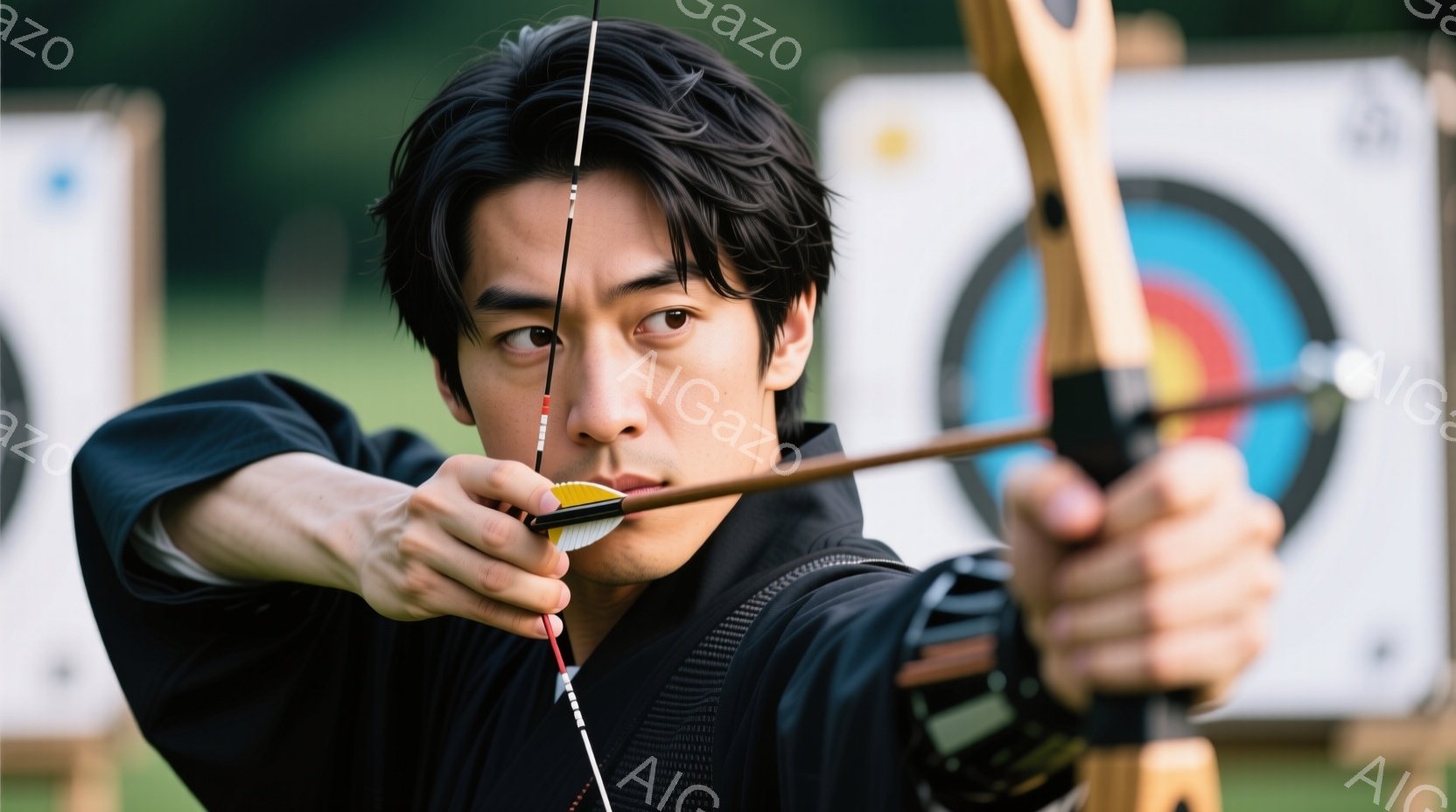 弓を構える男性が写っている。彼は黒い着物を着ており、髪は短く整えられている。背景には的が設置され、緑豊かな自然が広がっており、集中した雰囲気の競技場または練習場であることがわかる。 - AI生成フリー素材