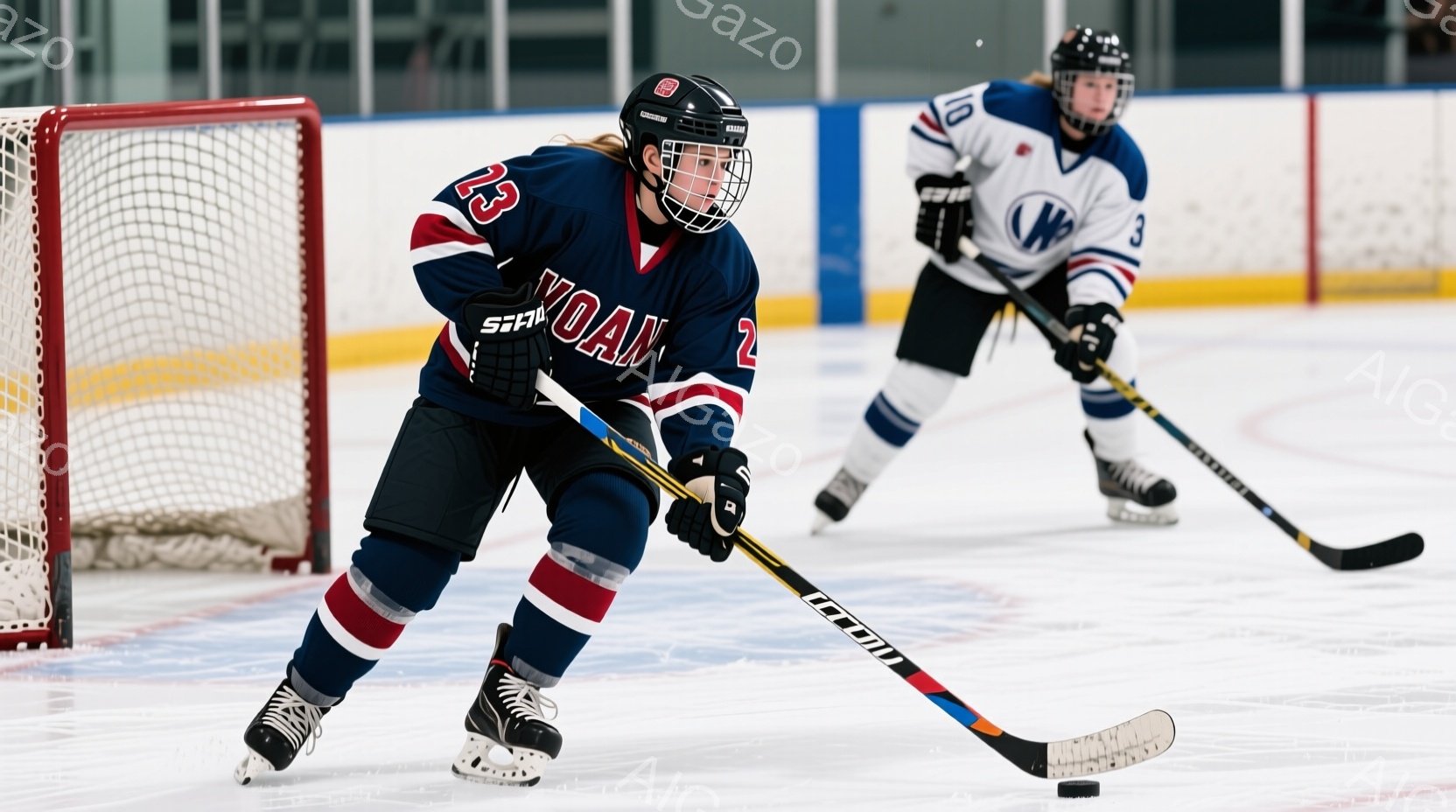 アイスホッケーの試合中の様子で、紺色のジャージと赤いパンツを着用した女性選手が、パックに向かってスティックを構えています。彼女はヘルメットを被り、髪は後ろで束ねており、集中した表情でプレーに臨んでいます。背景には、別の紺色のジャージの選手と、ホッケーのゴールネットが見え、屋内競技場の氷上という状況を表しています。