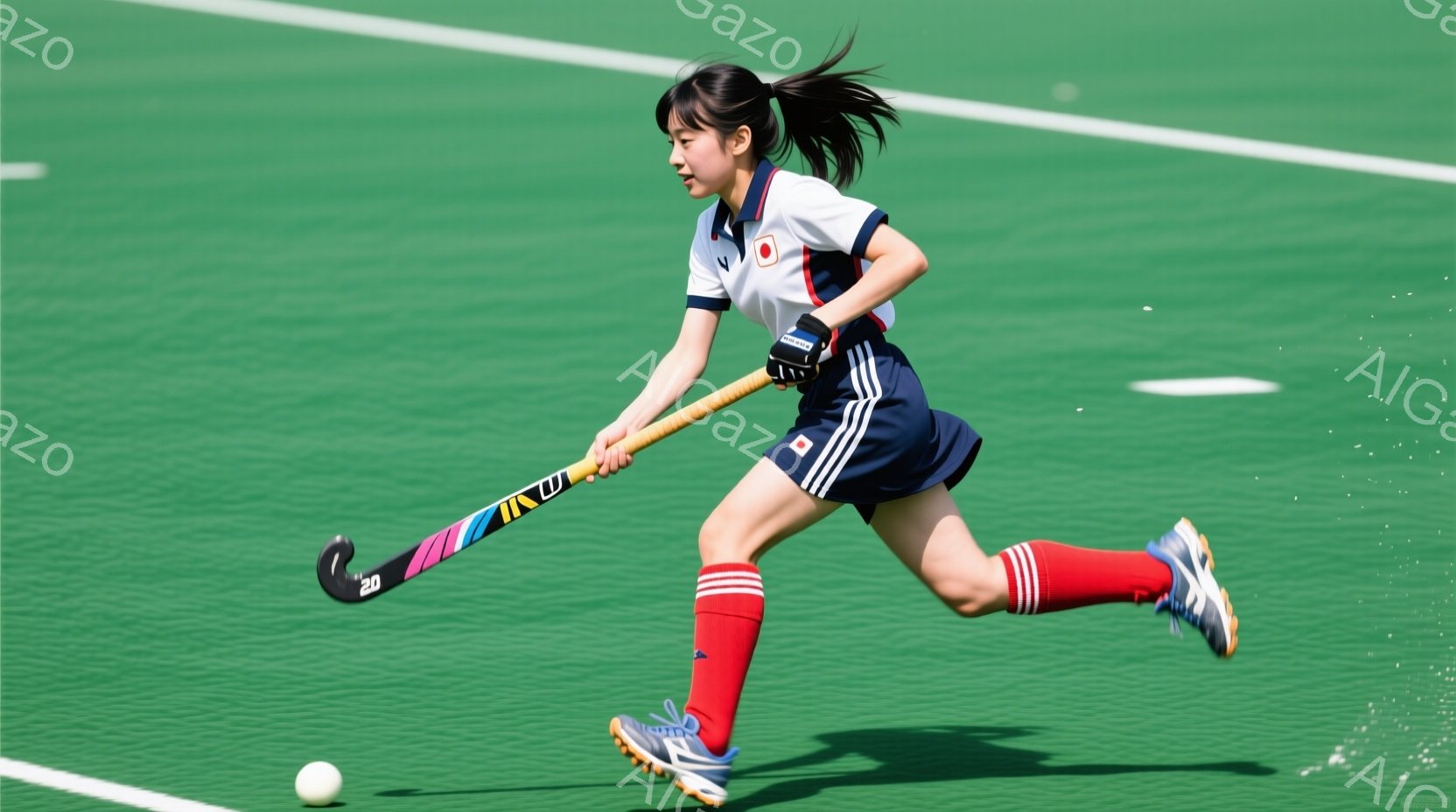 緑色のフィールドホッケーのピッチでプレーする若い女性が写っています。彼女は紺色のシャツとスカート、赤いソックス、そして運動靴を身につけ、髪はポニーテールに結んでいます。彼女はホッケーのスティックを握り、走りながらボールを追いかける様子は、競技への集中と活力を感じさせます。