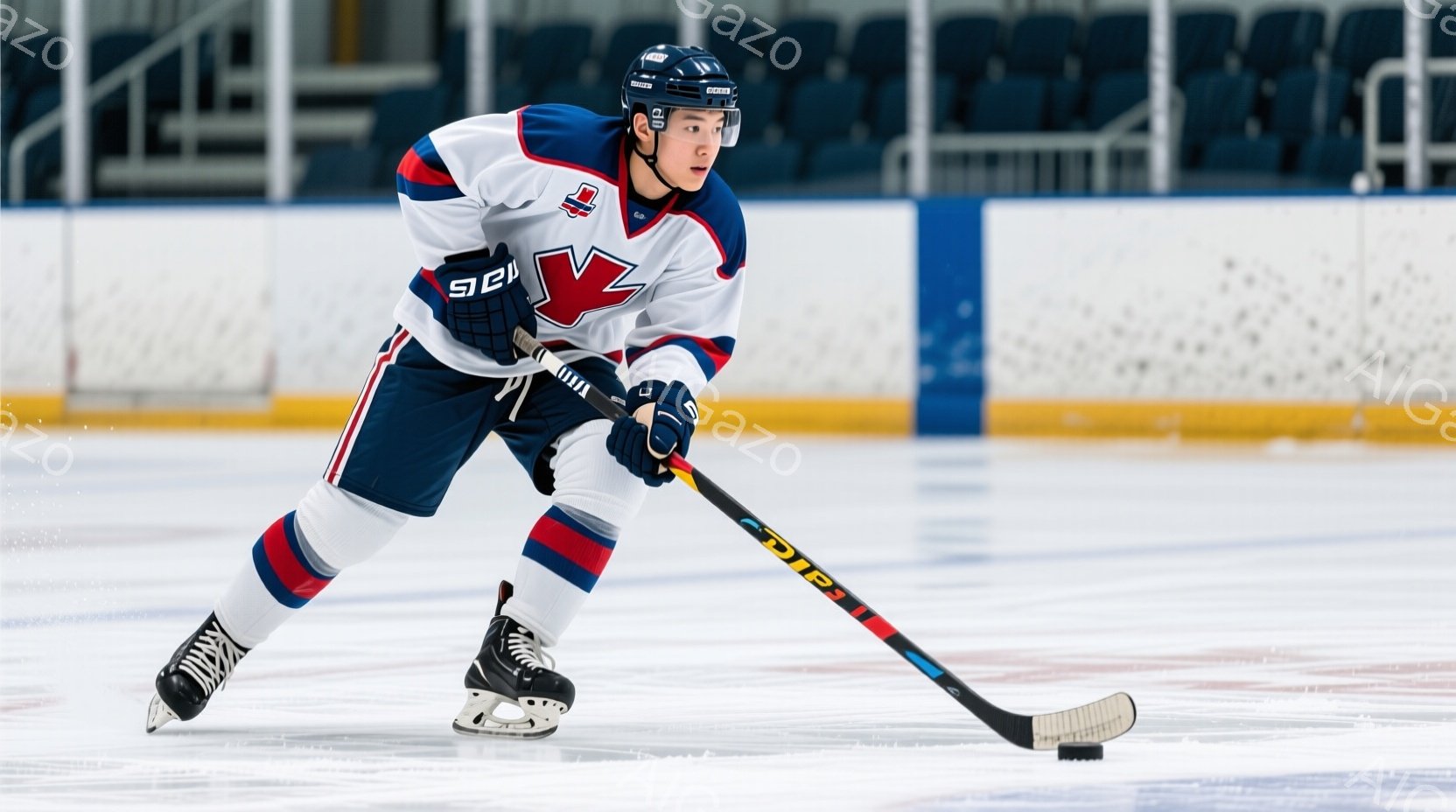 アイスホッケー選手が氷上を滑走している様子が写っている。彼はネイビーブルーと赤のストライプが入った白いユニフォーム、ヘルメット、そして黒いアイススケートを着用し、スティックを構えている。背景には観客席が見え、全体的に運動競技の活気ある雰囲気が漂っている。