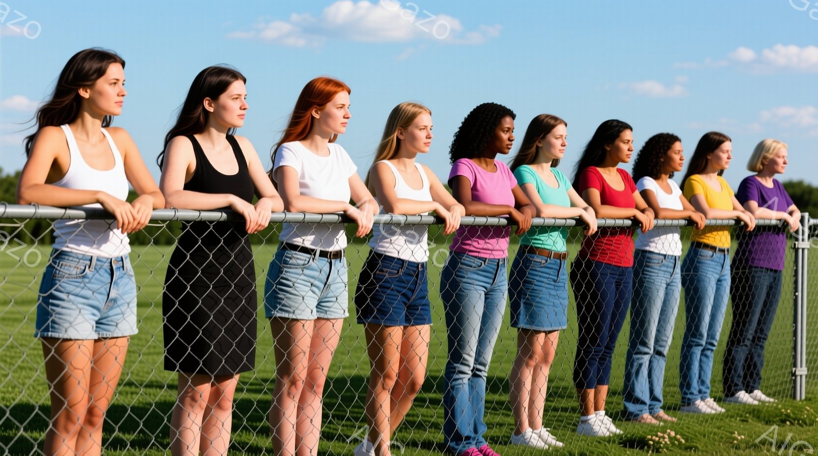 芝生のグラウンドに沿ってフェンスに寄りかかっている、様々な肌の色をした女性たちが横一列に並んでいます。彼女たちは皆、白いタンクトップとデニムのショートパンツを着ており、カジュアルな服装をしています。空は晴れで、全体的に明るく穏やかな雰囲気が漂っています。
