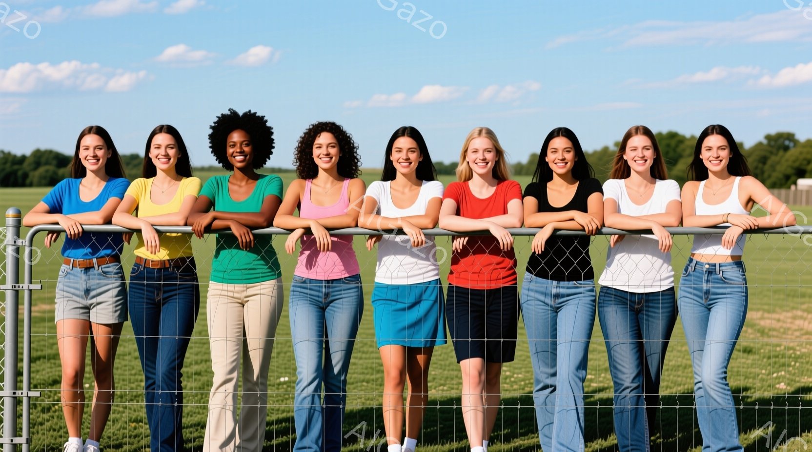 柵にもたれながら、様々な肌の色と髪型の女性たちが整列している。彼女たちはそれぞれ異なる色のトップス（青、緑、ピンク、白、赤、黒、白）とデニムのボトムスを着用し、リラックスした表情でカメラを見ている。背 - AI生成フリー素材