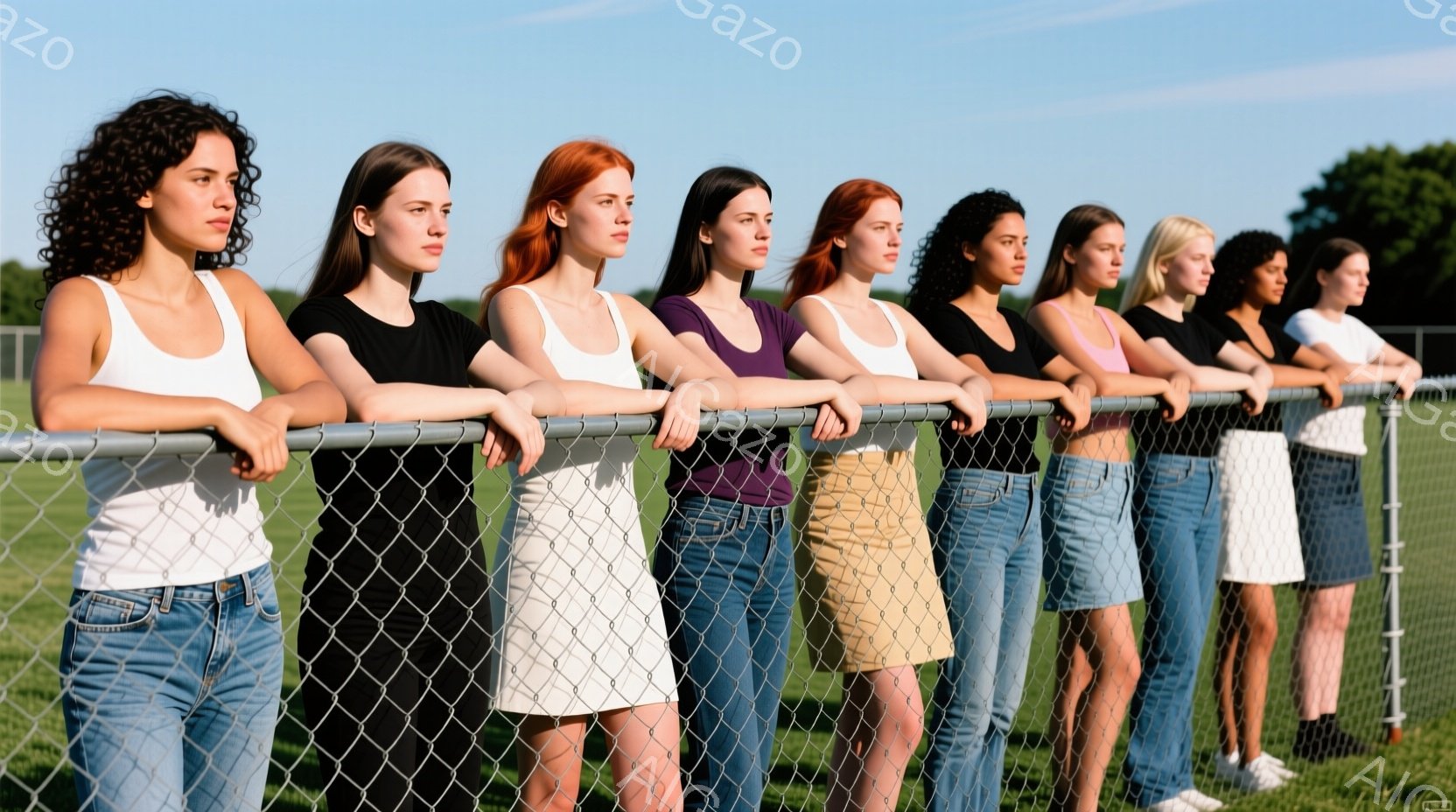 9人の女性がフェンスに沿って並んでおり、それぞれ異なる服装をしています。彼女たちは皆、肩を並べ、フェンスに軽く手を置き、やや真剣な表情をしています。背景には緑の芝生とぼやけた建物が見え、晴れた日の穏やかな雰囲気が漂っています。