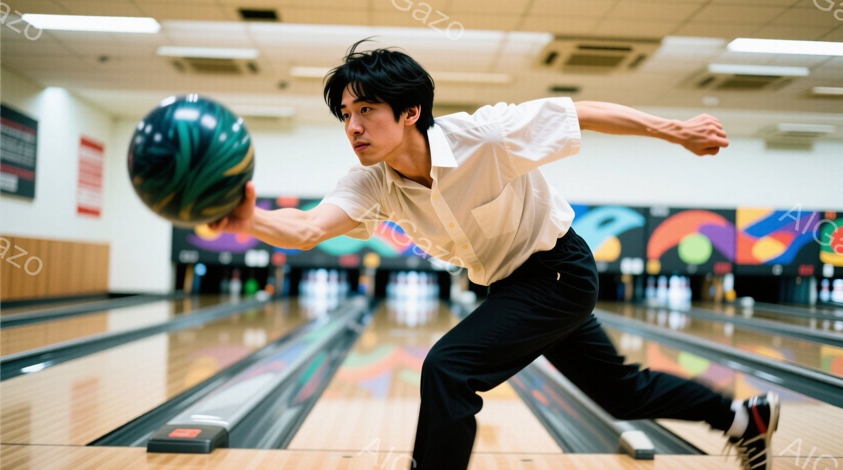 ボウリング場にいる男性が、ボールを投げる直前の姿勢で写っている。白いシャツと黒いズボンを身につけ、髪は短く整えられている。背景にはボウリングレーンが伸び、鮮やかな色の装飾が施されている。
