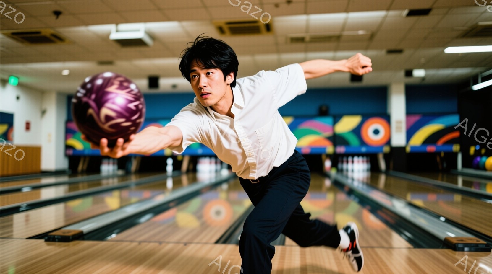 ボウリング場において、男性がボウリングのボールを投げる瞬間を捉えた写真です。彼は白いシャツに濃い色のズボンを着用し、髪は短く整えられています。背景にはレーンとカラフルな模様が描かれた壁があり、活気のあ - AI生成フリー素材
