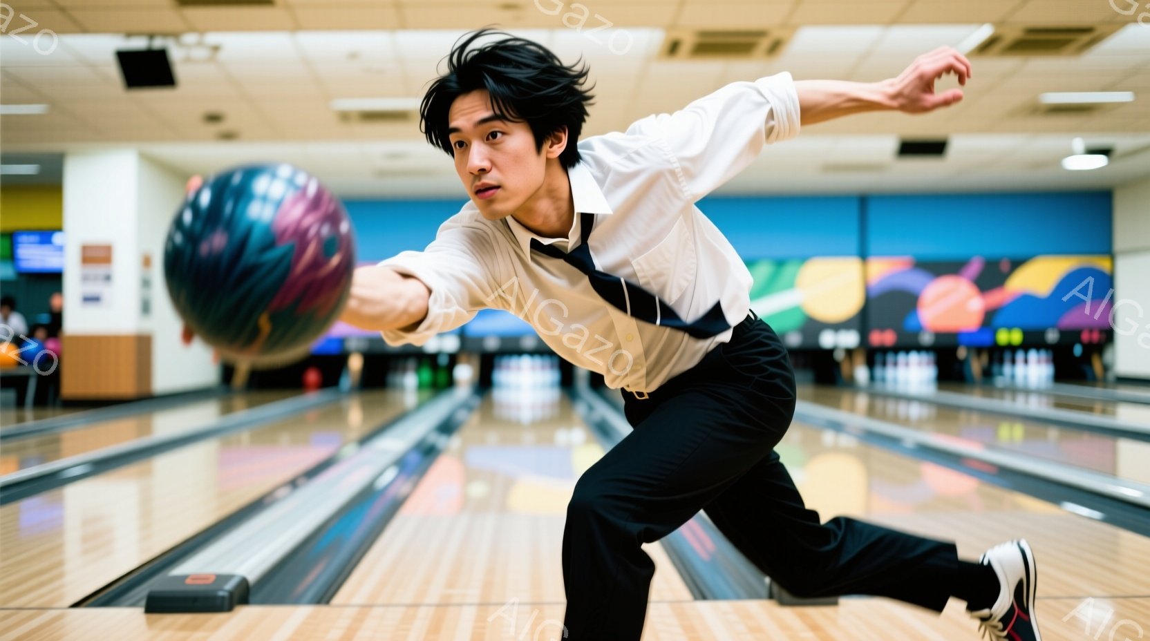 ボウリング場にて、男性がボウリングのボールを投げる瞬間を捉えた写真です。彼は白シャツに黒いズボン、ネクタイを着用し、少し無造作な髪型で、集中した表情でボールを振りかぶっています。背景にはカラフルな模様の壁とボウリングレーンが広がり、活気のある雰囲気です。