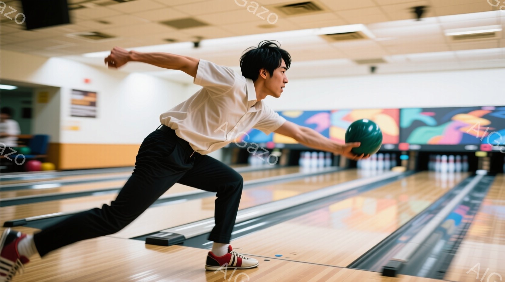 男はボウリングのレーンで投球の動作をしている。彼は黒いズボンと白いシャツを着ており、赤いハイカットのスニーカーを履いている。レーンは木製で、背景にはカラフルな模様が描かれた壁が見える。