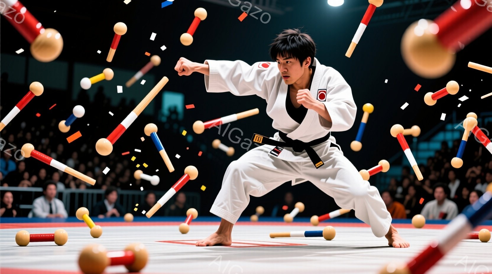 柔道着に身を包んだ男性が、競技場で力強く構えています。黒帯を締め、真剣な表情で片手を突き出し、相手を制圧しようとする動きをとっています。背景には観客席がぼやけており、競技場の熱気と集中感を強調しています。