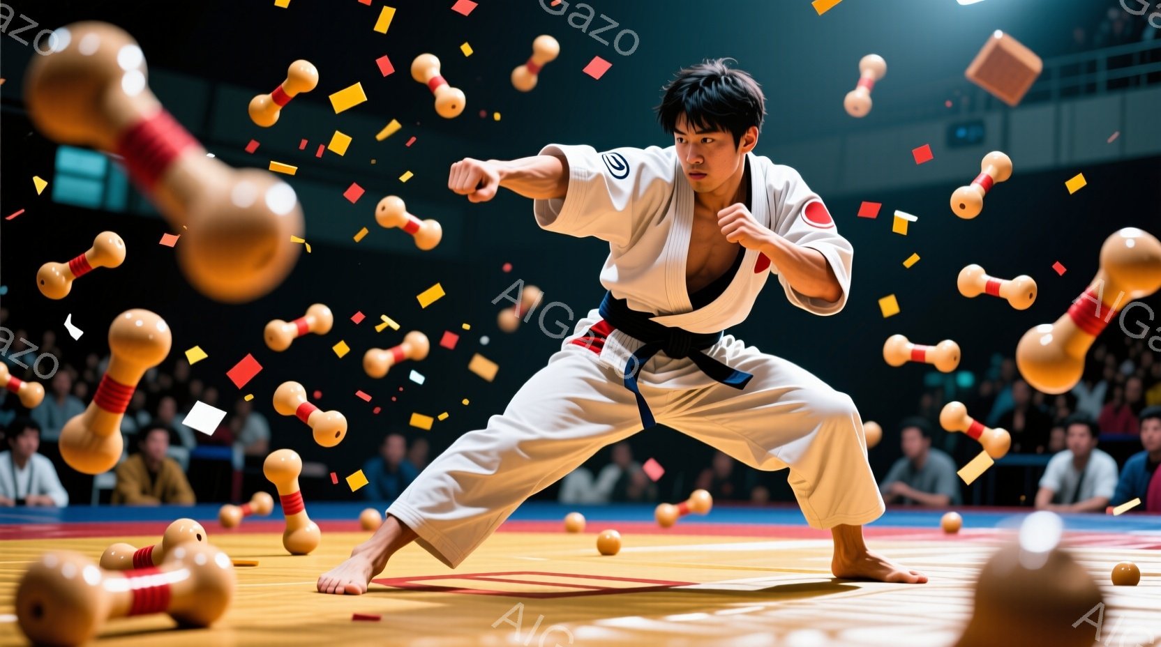 空手着を着た男性が、試合中の柔道場で力強くパンチを繰り出している。彼の表情は真剣で集中しており、足元にはたくさんのダンベルのような物が飛び散っている。背景には観客席が見え、試合の激しい雰囲気を伝えている。