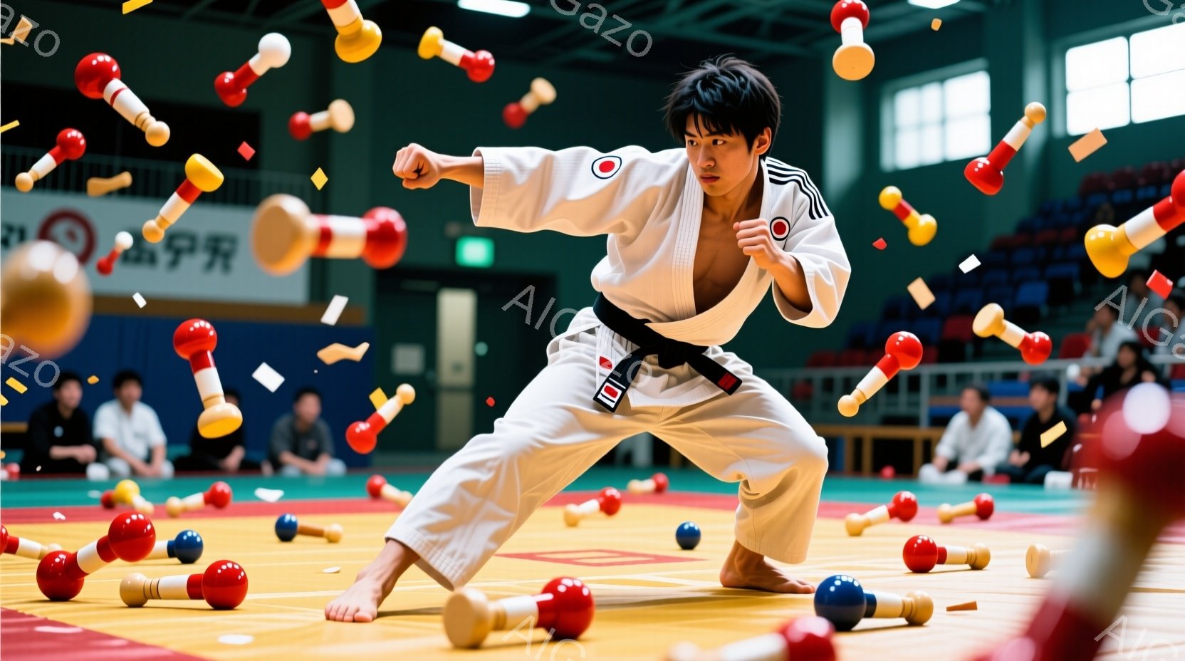 空手着を着た若い男性が、競技場で力強く構えています。彼は黒帯で、右手を前に突き出し、左手でガードする構えをとっており、集中した表情をしています。背景には他の選手や観客がぼやけて見え、競技場の天井と壁、 - AI生成フリー素材