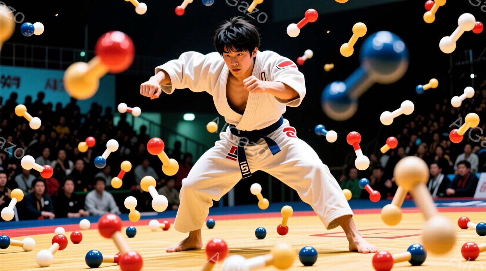 空手着を着た若い男性が、競技場で力強く構えています。黒帯を締め、集中した表情で前を見据え、躍動感のある姿勢を見せています。背景には観客席と、カラフルな棒状の物体が舞い散っており、競技場の熱気と活気を強調しています。