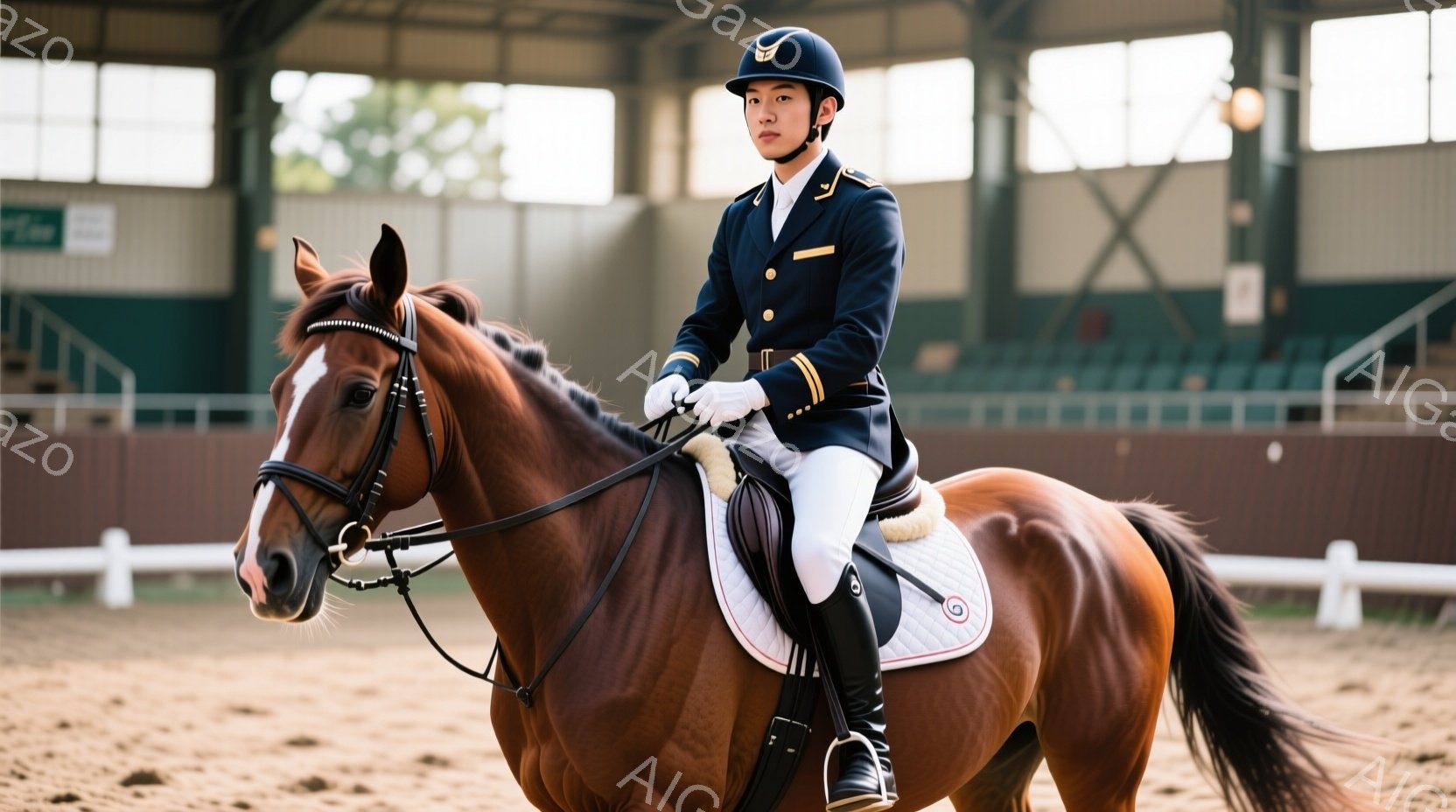 茶色の馬に乗った男性が写っています。男性は紺色の乗馬服、白いズボン、黒いブーツを着用し、ヘルメットをかぶっています。背景は屋内馬場で、観客席が見えます。