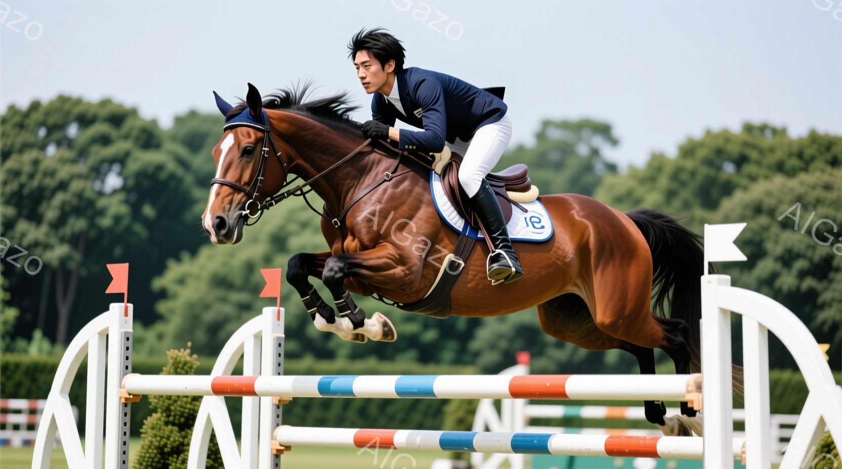 茶色の馬が障害飛越をしている写真です。ライダーは濃い青色のジャケットと白いズボンを着用し、黒髪を短く整えています。背景には緑豊かな自然と、遠くに見える白い建物があり、晴天の下、競技の活気を感じさせます。