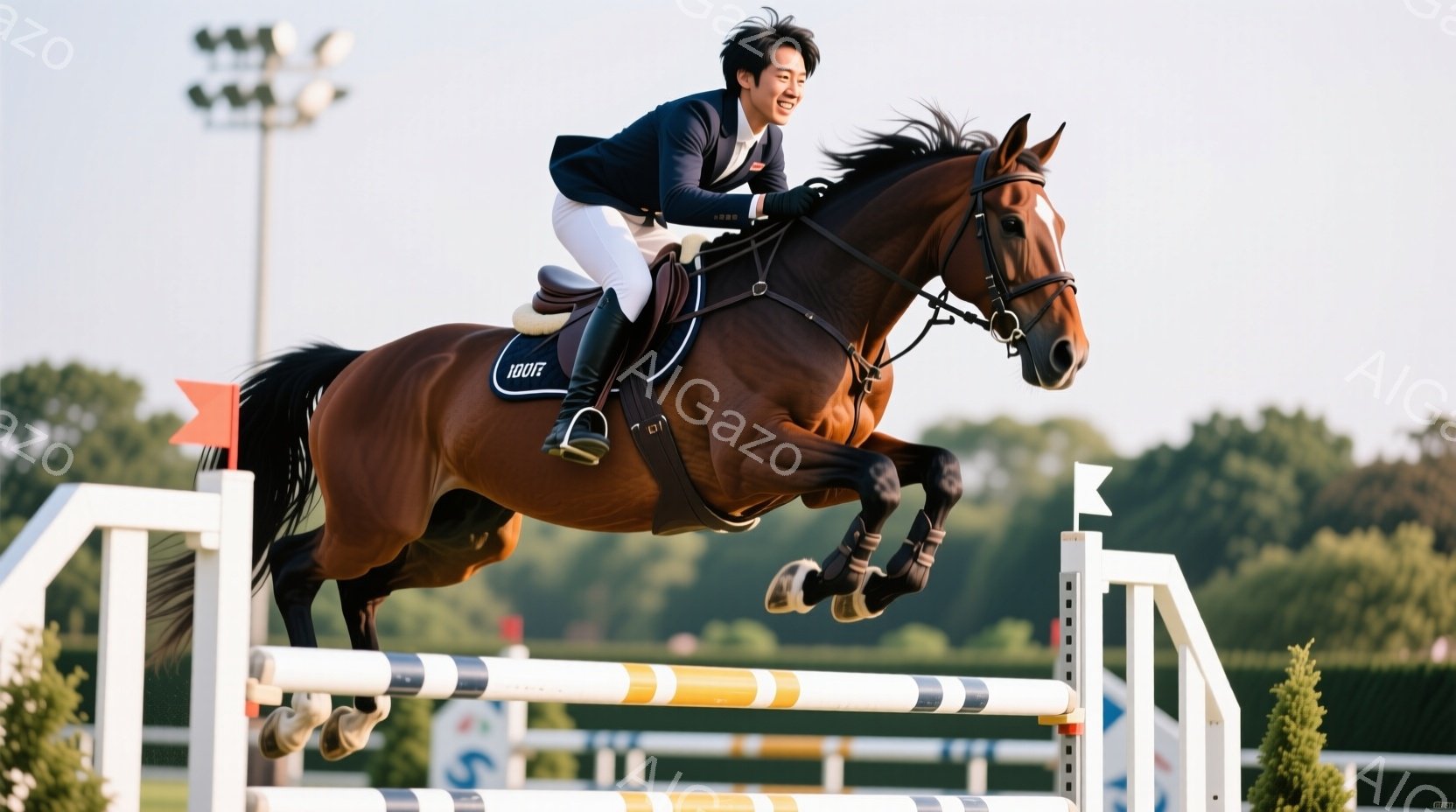 茶色の馬が障害物を飛び越えようとしている瞬間を捉えた写真です。ライダーは濃い青のジャケットと白いズボンを着用し、短髪で笑顔を見せています。背景には緑豊かな木々や競技施設の一部が見え、晴天の下、競技の活気を感じさせる様子が伺えます。