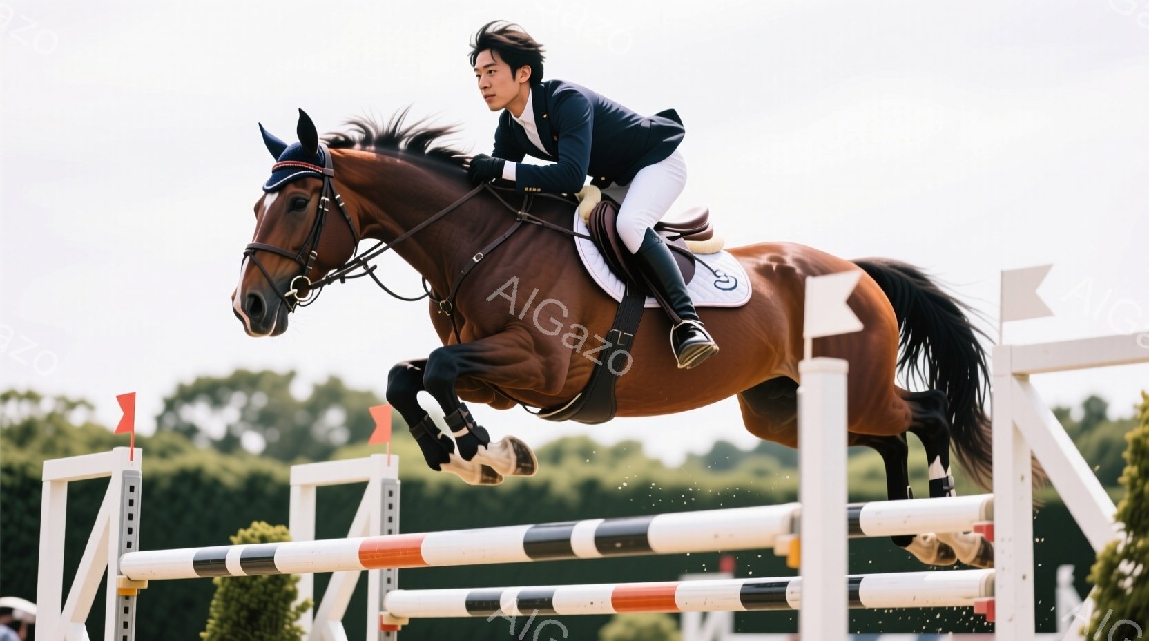 茶色の馬に乗った競技者が障害飛越に挑戦している様子が写っている。競技者は紺色のジャケットと白いズボンを着用し、短髪で集中した表情をしている。背景には緑豊かな木々が見え、晴天の下、競技と自然が調和した活気ある雰囲気が漂っている。