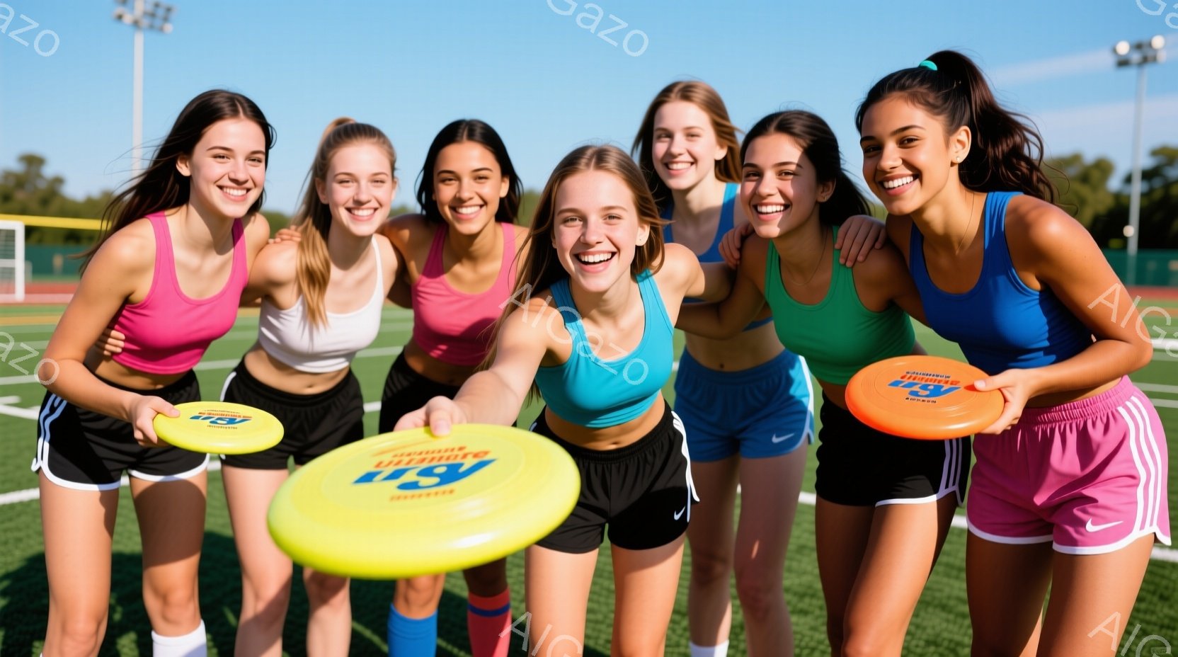 6人の若い女性たちが、芝生のフィールドで円陣を組み、フリスビーを持っている。彼女たちは皆、スポーツウェア（タンクトップと短パン）を着ており、髪はポニーテールや後ろでまとめている。晴天で、背景には緑の芝生と、遠くにぼやけた建物が見える、活気に満ちた、チームワークを感じさせる写真だ。