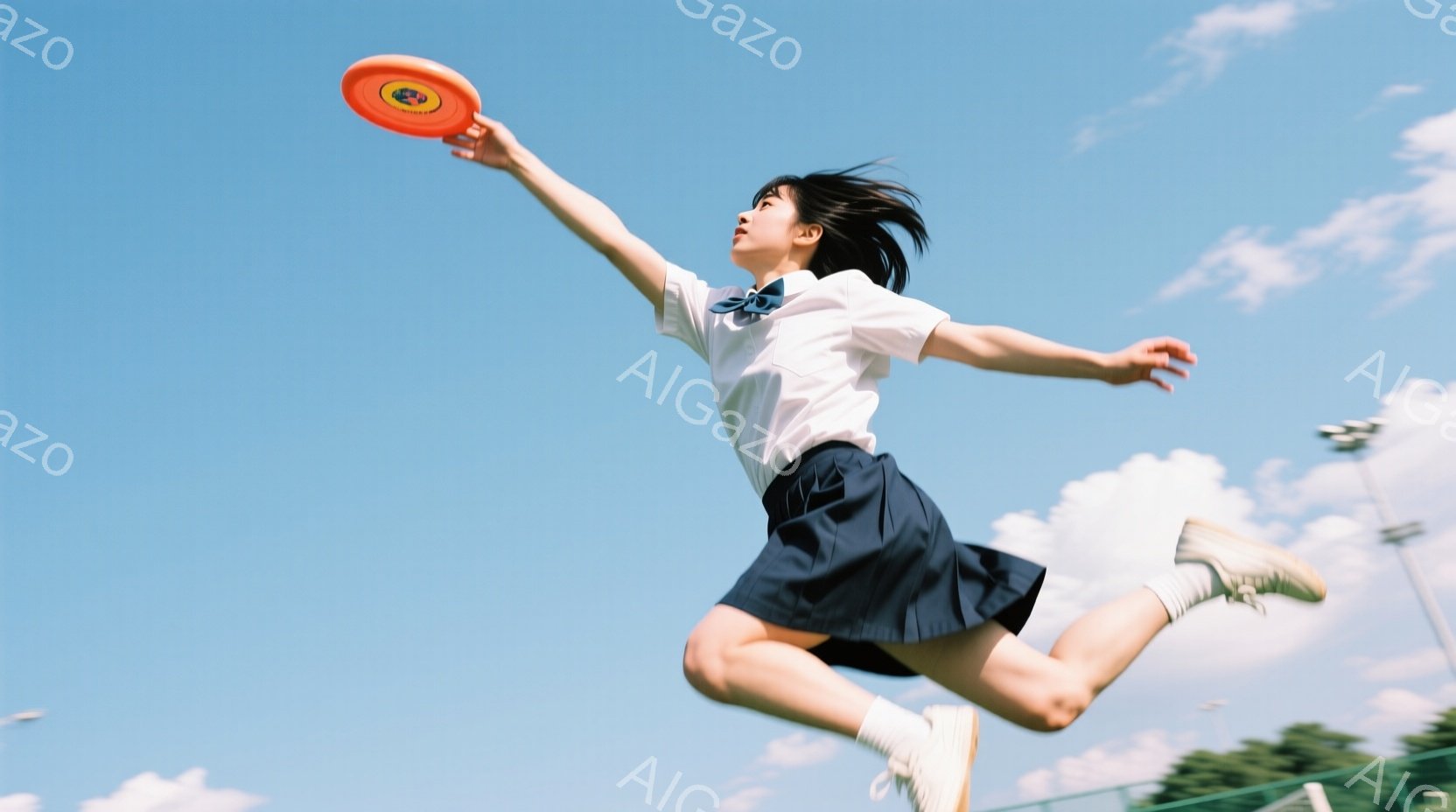 制服姿の女子高生が、空中でフリスビーをキャッチしようとジャンプしている様子が写っている。紺色のスカートと白いブラウス、そして白い靴下とスニーカーを着用し、髪はポニーテールに結ばれている。青空と白い雲が - AI生成フリー素材