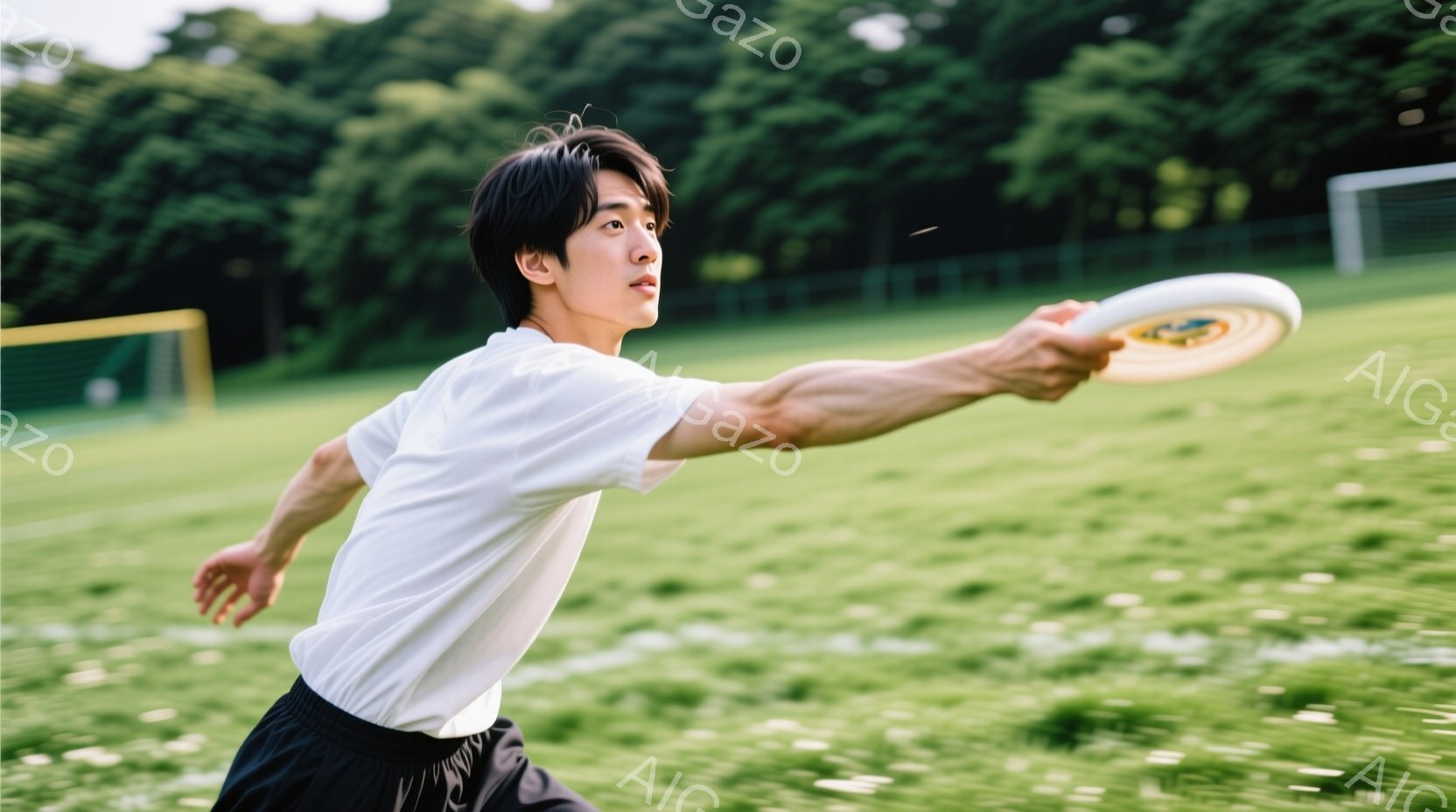 若い男性が芝生の上でフリスビーを投げている姿が写っている。彼は白いTシャツと黒いショートパンツを身につけ、短髪で、少し横を向いて真剣な表情をしている。背景には緑豊かな木々とサッカーゴールが見え、晴れた - AI生成フリー素材