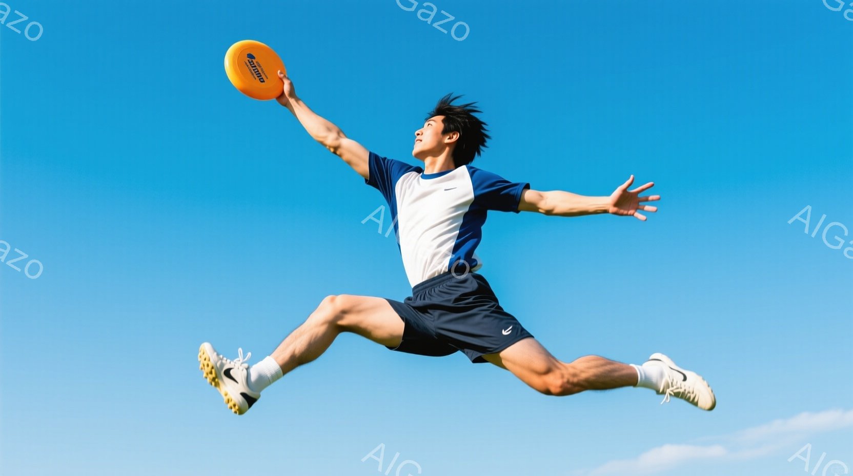 空中で高くジャンプしている若い男性が写っています。彼は紺色の短パンと白と紺のボーダーのTシャツを着ており、白いスニーカーを履いています。背景 त्यानुसार青空が広がり、雲が少し見え、全体的に活気 - AI生成フリー素材