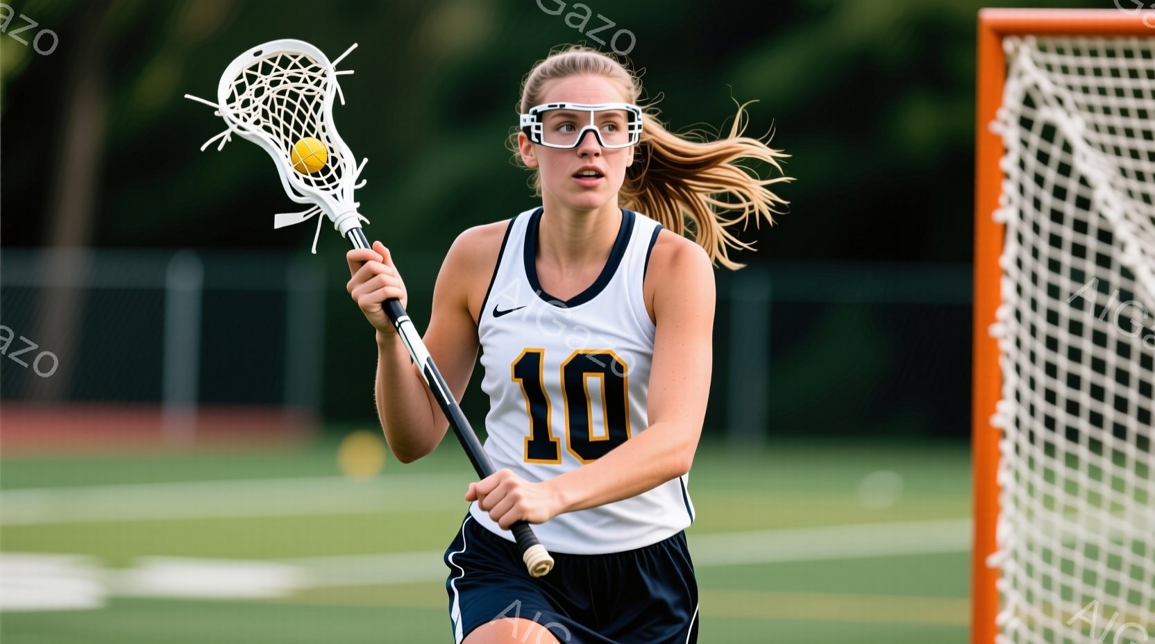 ラクロスをする若い女性が写っている。白いタンクトップに紺色のショートパンツ、そしてゴーグルを着用し、髪はポニーテールになっている。背景には緑の芝生とネット、そしてぼやけた木々が見え、晴れた日の活気ある - AI生成フリー素材