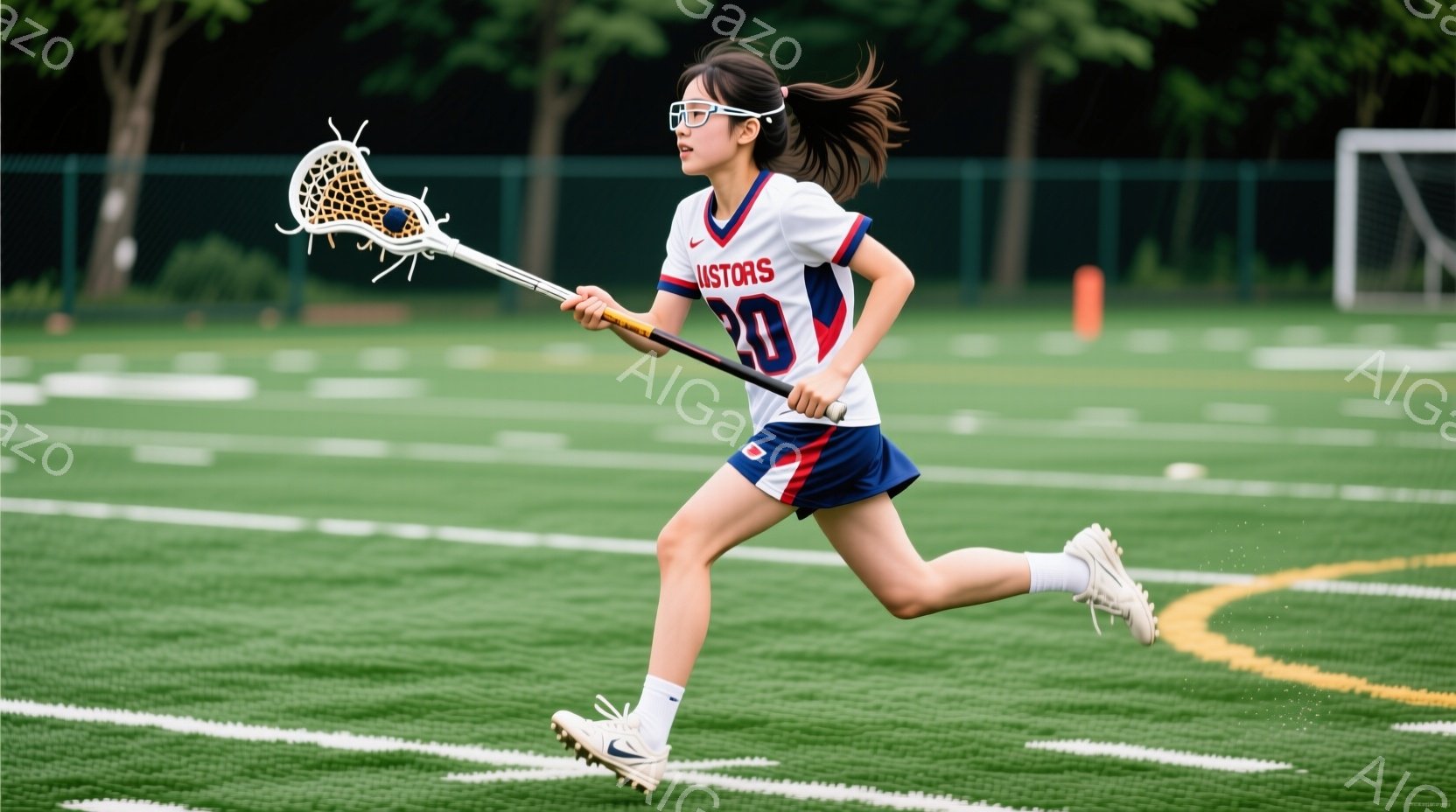 ラクロスをしている若い女性が写っています。彼女は白とネイビーのユニフォームと、白のソックス、スニーカーを着用し、髪はポニーテールに結ばれています。緑色の芝生の上を走り、ラクロススティックを構え、競技に - AI生成フリー素材