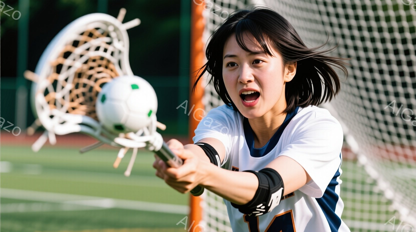 ラクロスをする若い女性が写っている。彼女は白地に紺色のラインが入ったラクロスのユニフォームを着用し、紺色の肘当てをしている。顔には決意と集中が見られ、ボールをゴールに向かって投げようとしている勢いのあ - AI生成フリー素材