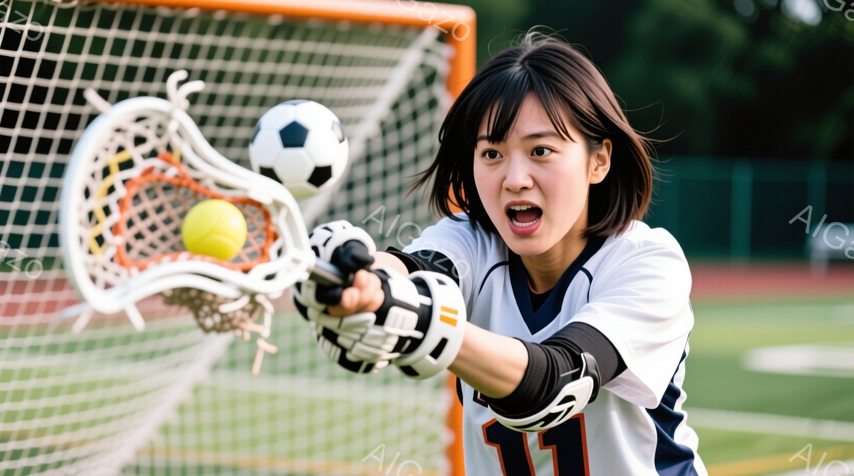 ラクロスをする若い女性が写っている。彼女は紺とオレンジのユニフォームを着ており、髪は短く、顔には強い集中と熱意が表れている。背景には緑の芝生とネット、そしてぼやけた建物が見え、晴れた日のスポーツの活気 - AI生成フリー素材